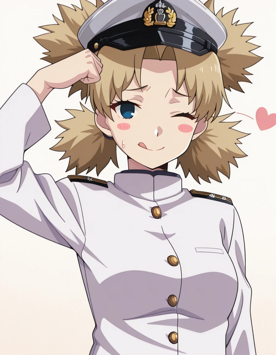 masterpiece, best quality, amazing quality,, <lora:temari-s1-illustriousxl-lora-nochekaiser:1>, temari, bangs, blonde hair, quad tails, blue eyes, mature female, medium breasts, anime screencap, <lora:kancolle-admiral-cosplay-illustriousxl-lora-nochekaiser:1>, kancolle admiral cosplay, admiral (kancolle) (cosplay), naval uniform, cosplay, military uniform, military, peaked cap,, <lora:dojikko-pose-illustriousxl-lora-nochekaiser:1>, dojikko pose, blush, heart, blush stickers, smile, tongue out, arm up, looking at viewer, one eye closed, sweating_profusely, , , ,