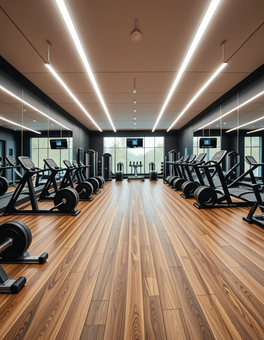 A spacious, modern gym with sleek design and floor-to-ceiling mirrors covering the walls, reflecting the equipment and ambient lighting. The room is filled with high-end fitness machines, free weights neatly arranged on racks, and polished hardwood or rubberized flooring. Bright LED strip lights run along the ceiling, providing crisp illumination that highlights the clean, minimalistic aesthetic. Motivational posters and digital screens display workout stats and routines. The gym is empty, with no people, capturing a calm, ready-for-use atmosphere in perfect symmetry.m0d3rn gym, <lora:m0d3rn_gym-i:1>, Masterpiece,best quality,hi res,8k,hi res,8k,award winning,(sharp focus, intricate, highly detailed),