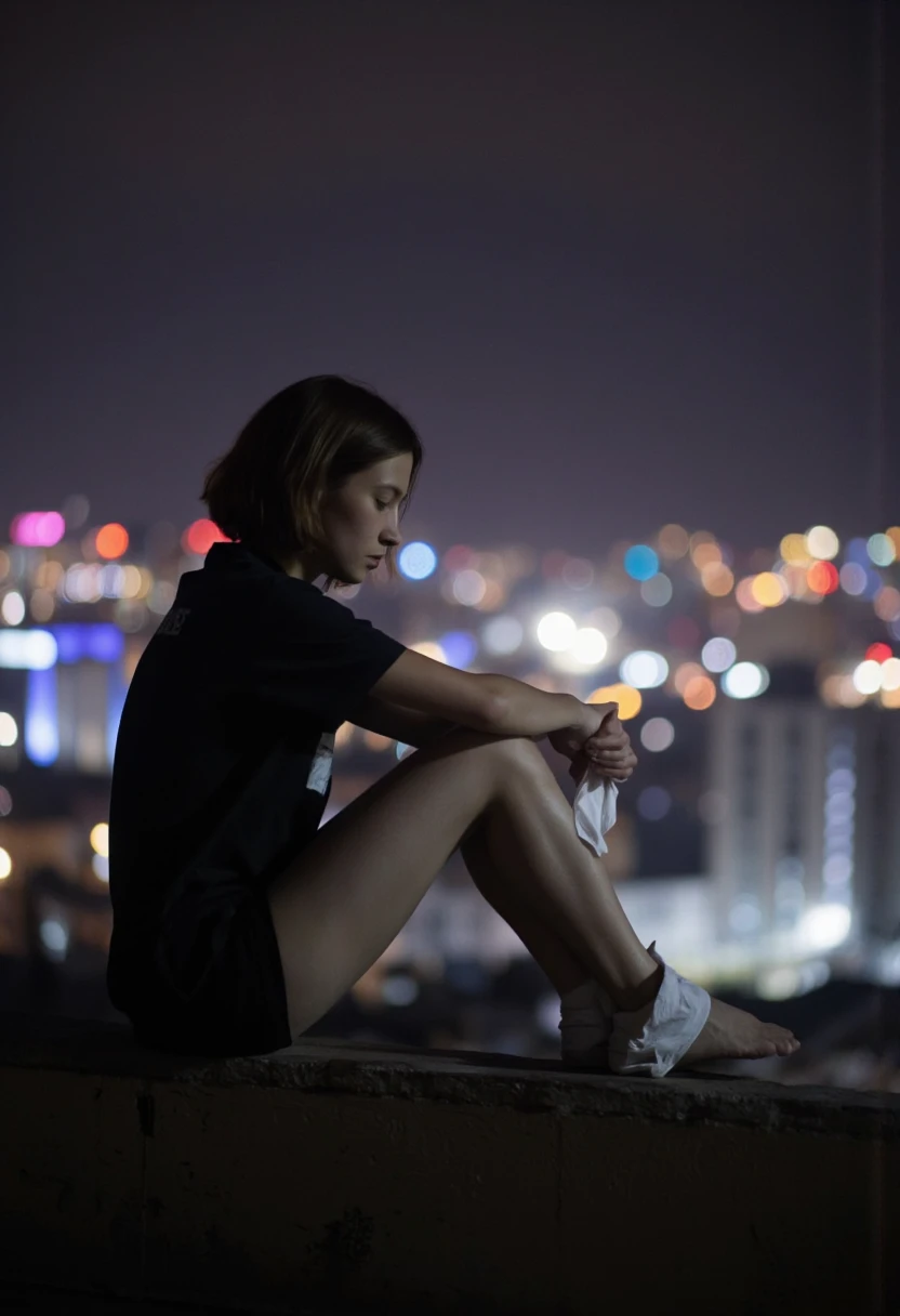 NyxBorne. A photo-realistic shoot from a profile camera angle about a person sitting on a ledge with a cityscape in the background at night, looking down at the city lights. the image also shows a serene and contemplative atmosphere. on the middle of the image, a young woman, who appears to be in her early twenties, with short brown hair, is sitting with her legs crossed and hands clasped together in front of her. she is wearing a black shirt and black shorts, and her expression is one of sadness. her body is slim and she is facing away from the camera, with her eyes closed and her head turned to the side. her hands are holding a small white object, possibly a tissue, which is wrapped around her knees. the background is filled with colorful, blurred city lights, creating a sense of depth and atmosphere. the lighting is dim, casting a soft glow on her face and body, and the overall mood is somber and melancholic.