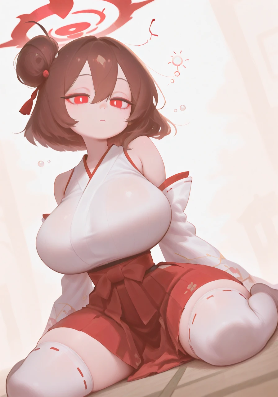 1girl, animal ears, bare shoulders, breasts, brown hair, detached sleeves, expressionless, full body, hair between eyes, hair bun, hakama, halo, huge breasts, japanese clothes, looking at viewer, shortstack, red hakama, red halo, short hair, simple background, single side bun, sitting, sleeveless, solo, squeans, thighhighs, wariza, white sleeves, white thighhighs, red eyes, BREAK character_concept, cowboy_shot, (dutch_angle:1.25), masterpiece, best quality, amazing quality, very aesthetic, absurdres, modern, recent, newest, <lora:Nito_IL_Style_epoch_8:1> Nit0