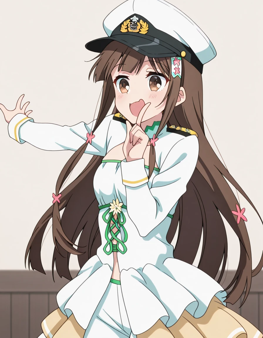 masterpiece, best quality, amazing quality,, <lora:amagi-kobori-s1-illustriousxl-lora-nochekaiser:1>, kobori, koborii (amaburi), brown eyes, brown hair, long hair, hair flower, hair ornament, sidelocks, mature female, small breasts, anime screencap, <lora:kancolle-admiral-cosplay-illustriousxl-lora-nochekaiser:1>, kancolle admiral cosplay, admiral (kancolle) (cosplay), naval uniform, cosplay, military uniform, military, peaked cap,, <lora:hoshino-ruby-dance-illustriousxl-lora-nochekaiser:1>, hoshino ruby dance, finger wagging, index finger raised, dancing, outstretched arm, cowboy shot, smile, open mouth,, :q, open mouth, , ,