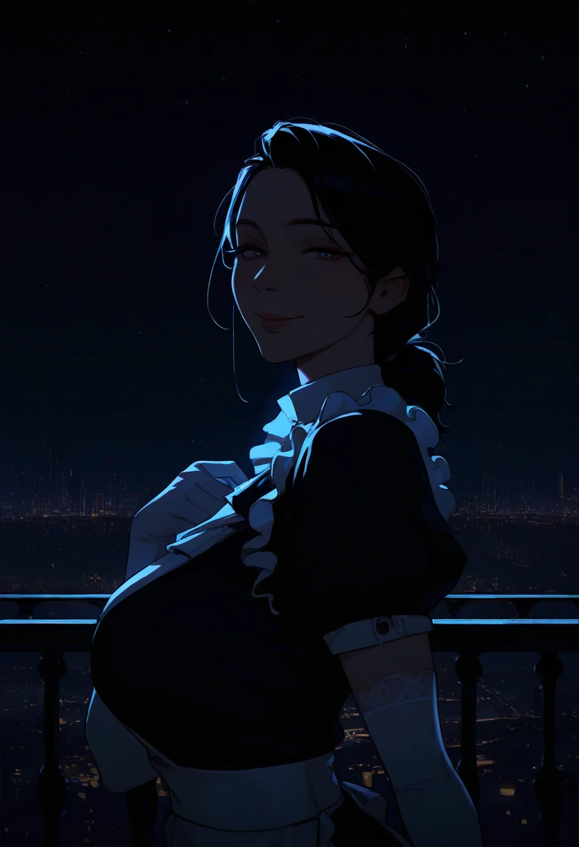 masterpiece, best quality, 1girl, solo, mature female, low side ponytail, one hand on own chest, maid, maid outfit, white elbow gloves, upper body, from side, looking at viewer, smile, balcony, night, starry sky, dark, city, cityscape, stylized
