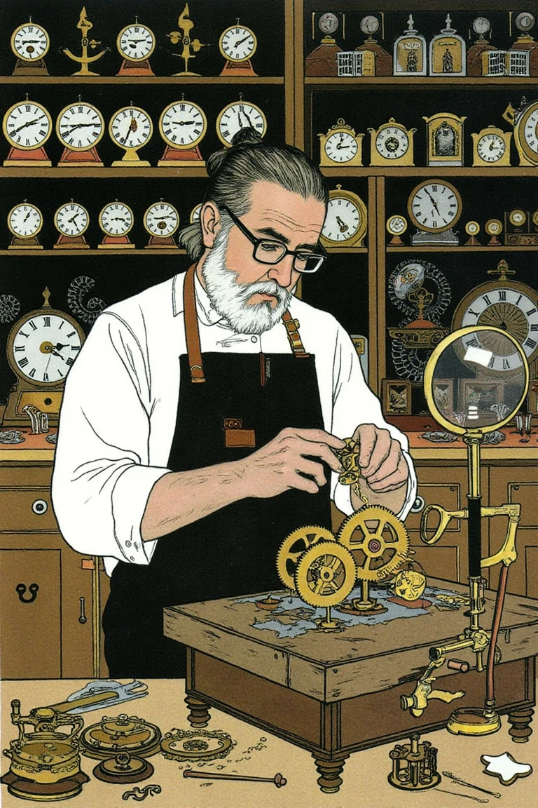 GMF, Fadeaway, CEA, Illustration
An artistic portrait of a clockmaker is depicted in a dim, photorealistic workshop filled with antique timepieces, brass gears, magnifying glasses, and shelves of coiled springs. The clockmaker, an elderly man with a neatly combed side part and reading glasses, is illustrated in precise ink-and-wash style, with stylized shading emphasizing his concentration. His fingers hold a minuscule gear under a real-world magnifying lens. Light reflects off the metal surfaces, while the drawn figure remains subtly disconnected, timeless in presence.