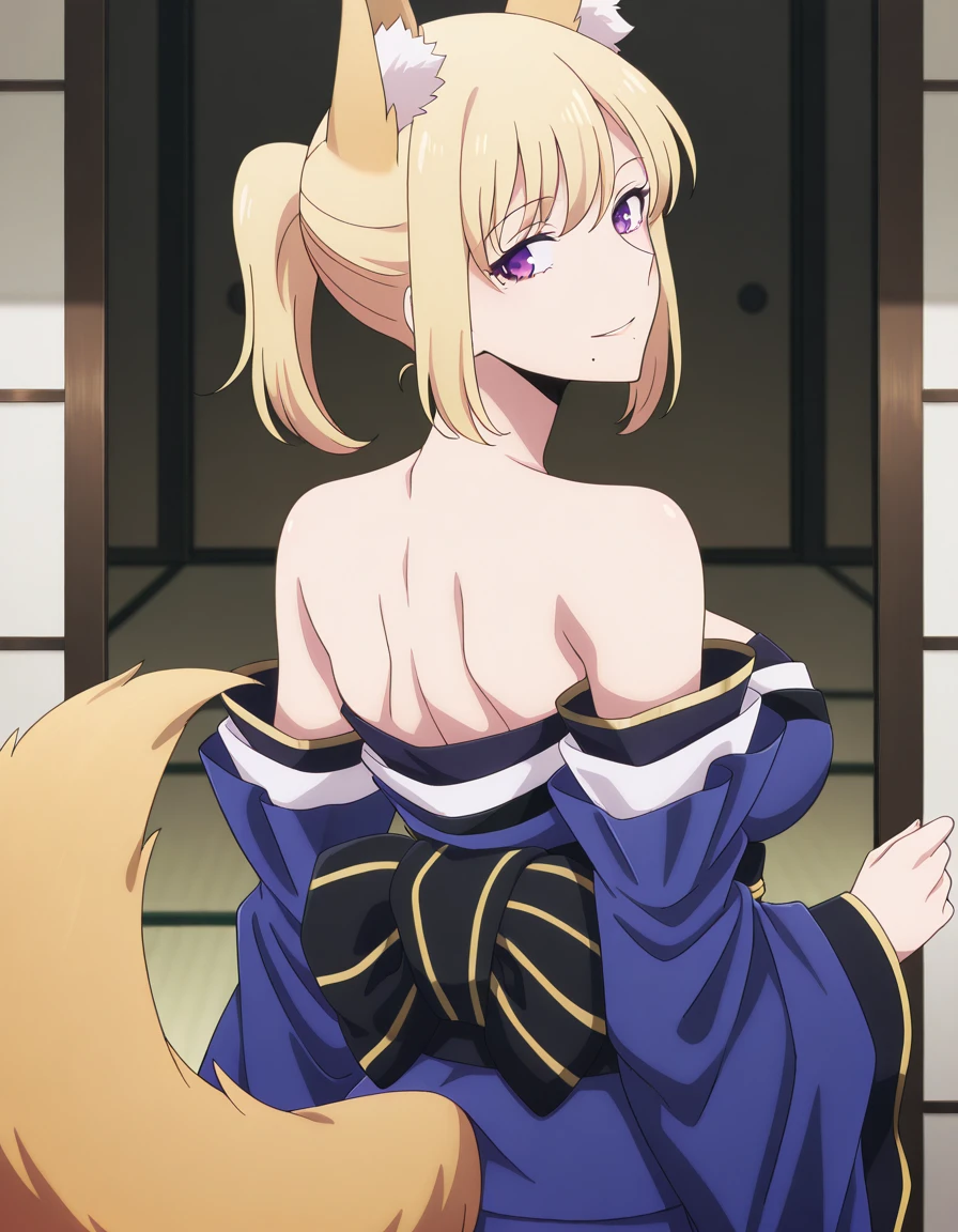 masterpiece, best quality, amazing quality,, <lora:hae-in-cha-s1s2-illustriousxl-lora-nochekaiser:1>, hae-in cha, blonde hair, purple eyes, ponytail, mature female, breasts, anime screencap, <lora:tamamo-no-mae-cosplay-illustriousxl-lora-nochekaiser:1>, tamamonomaecosplay, tamamo no mae (cosplay), animal ears, bare shoulders, blue kimono, blue thighhighs, detached sleeves, fox ears, fox tail, japanese clothes, kimono, obi, sash, collarbone, thighhighs, wide sleeves,, <lora:shaft-look-illustriousxl-lora-nochekaiser:1>, shaft look, looking back, from behind, head tilt, upper body, smile,, mole_under_mouth, , , ,