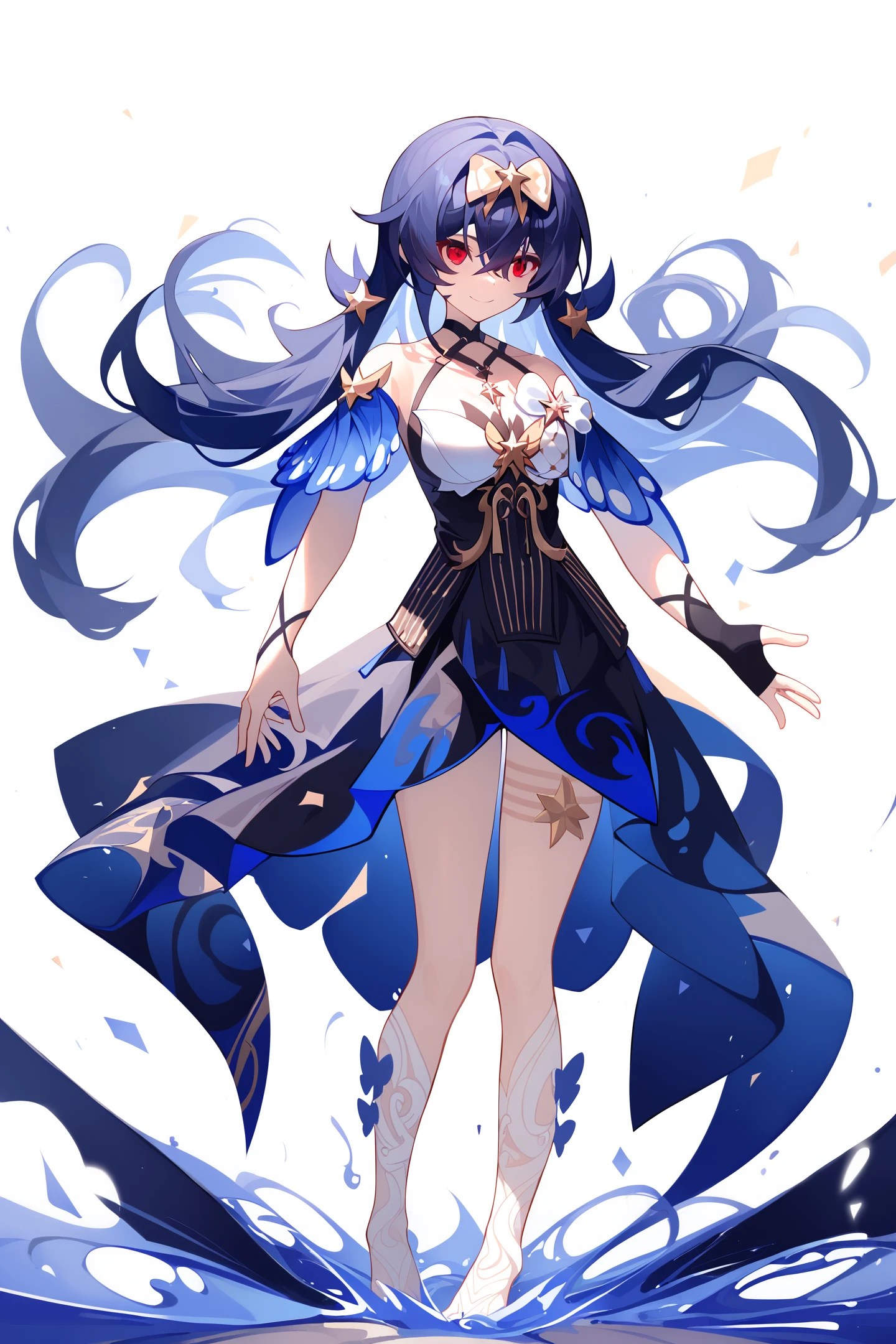 score_9,score_8_up,score_7_up,score_anime,8k,best quality,masterpiece,(ultra-detailed),(high detailed skin),(by nanoless, by misumi \(macaroni\),:0.5),<lora:YLI 0.1v:0.25>,<lora:style1:0.25>,
A full-body portrait of a young girl,standing gracefully,pastel art style,high-key lighting,shoujo manga influence,hd quality,delicate details,
full body,full shot,standing,looking at viewer,(solo:1.2),simple background,white background,hand on own hip,
Digital Deconstruction,Glitch Art,
<lora:StarchasmNyx-pony-Tanger:0.8>,
seele vollerei,blue hair,seele vollerei \(Magic Girl Seele\),clothes: black and white dress,multicolored hair,black hair,(Hair bow,Magic Girl Hair bow:1.2),1girl,red eyes,bangs,smile,Magic Girl White patterned open-toe socks,Magic Girl Asymmetrical gloves,hair between eyes,bare shoulders,