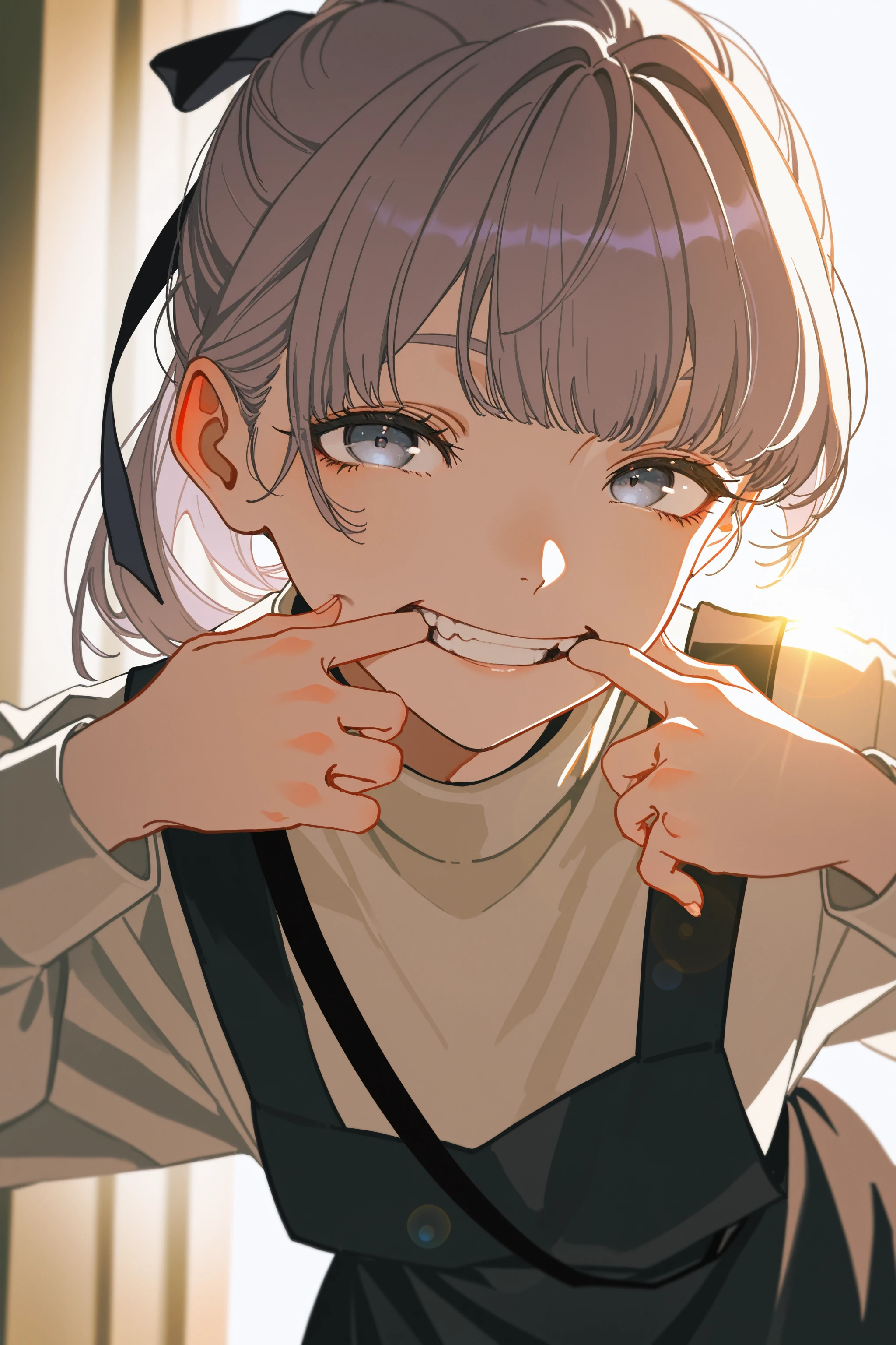 masterpiece, best quality, absurdres, safe
1girl, lapwing, grey hair, grey eyes, ponytail, hair ribbon,
pinafore dress, strap, turtleneck,
[claw pose, ::0.15] mouth pull, clenched teeth,
leaning forward, 
smile, backlighting, lens flare, 
yoneyama mai, 
johnkafka,
<lora:lapwing_il_2_d16:1>