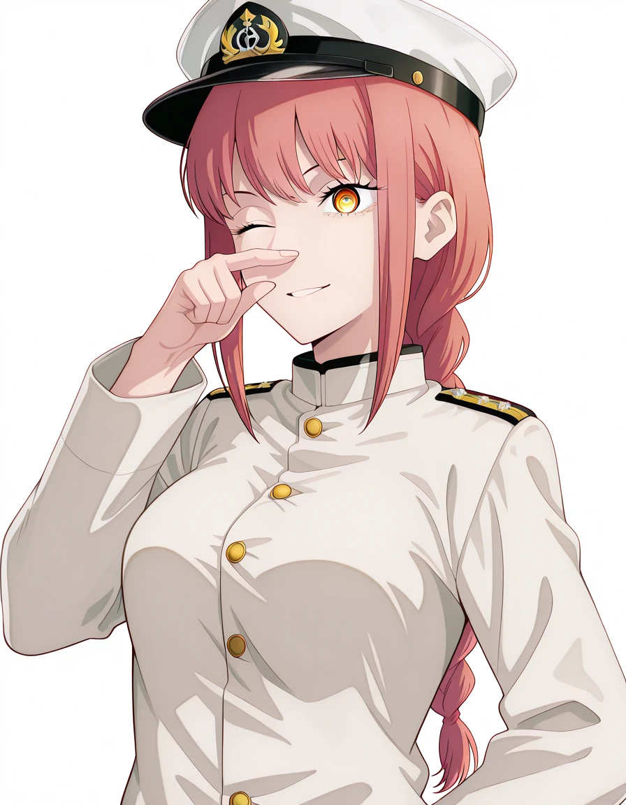 masterpiece, best quality, amazing quality,, <lora:chainsawman-makima-s1-illustriousxl-lora-nochekaiser:1>, makima, makima (chainsaw man), long hair, bangs, yellow eyes, braid, red hair, braided ponytail, ringed eyes, mature female, medium breasts, anime screencap, <lora:kancolle-admiral-cosplay-illustriousxl-lora-nochekaiser:1>, kancolle admiral cosplay, admiral (kancolle) (cosplay), naval uniform, cosplay, military uniform, military, peaked cap,, <lora:rubbing-nose-illustriousxl-lora-nochekaiser:1>, rubbing nose, looking at viewer, smile, one eye closed, hand up, teeth, star (symbol),, serious, , <lora:transparent-background-illustriousxl-lora-nochekaiser:1>, transparent background, simple background, white background, ,
