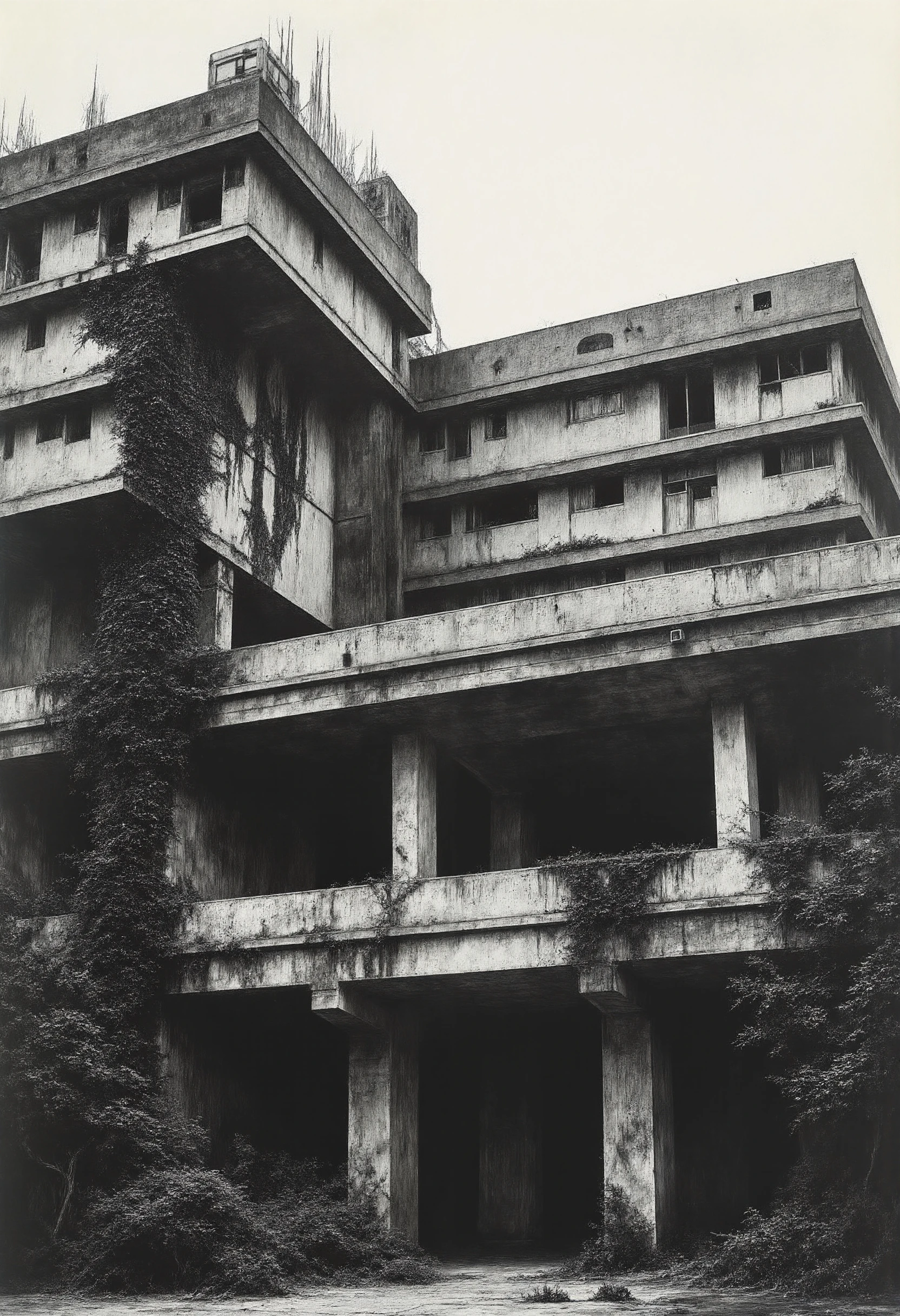 A brutalist tall building lost in the jungle. Its walls are moldy and decayed, and in some places the facade has fallen. Some antennas are visible on the top of the building but they are covered by intertwining ivy.