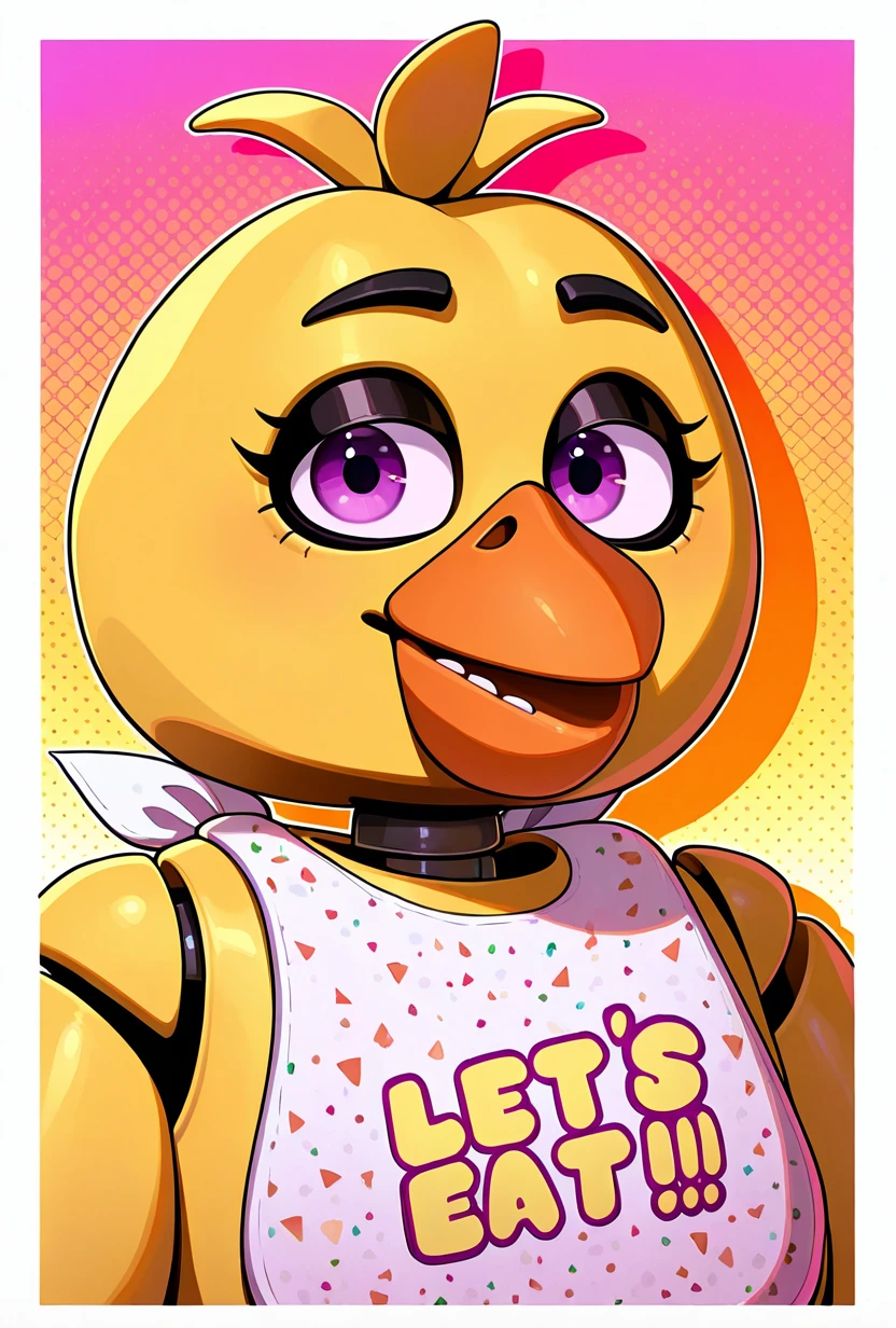 <lora:chica-10:1> chica, 1girl, beak, bib, purple eyes, joints, animatronic,, masterpiece, best quality, amazing quality, very aesthetic, absurdres, newest,, upper body, halftone effect, white borders, abstract background:1.2,