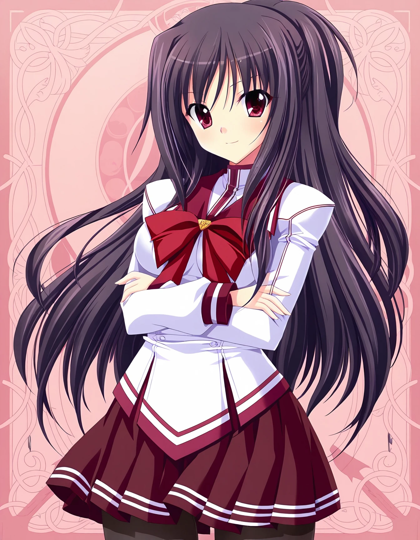 masterpiece, best quality, amazing quality, ultra detail, good , good hand,
BREAK <lora:takasu-miyabi Prima Stella (Atelier Kaguya)-illustrious:0.9> miyabi, purple hair, long hair, half updo, red eyes, ,
BREAK outfit01, sailor suit, sailor collar, crimson red sailor collar, shirt, white shirt, slit shirt, high neck shirt, crimson red lines taped shirt, shoulder pads, long sleeves, cuffs, crimson red cuff, bowtie, red bowtie, large bowtie, golden accessary on bowtie, skirt, pleated skirt, maroon skirt, mini skirt, white lines taped skirt, pantyhose, black pantyhose,