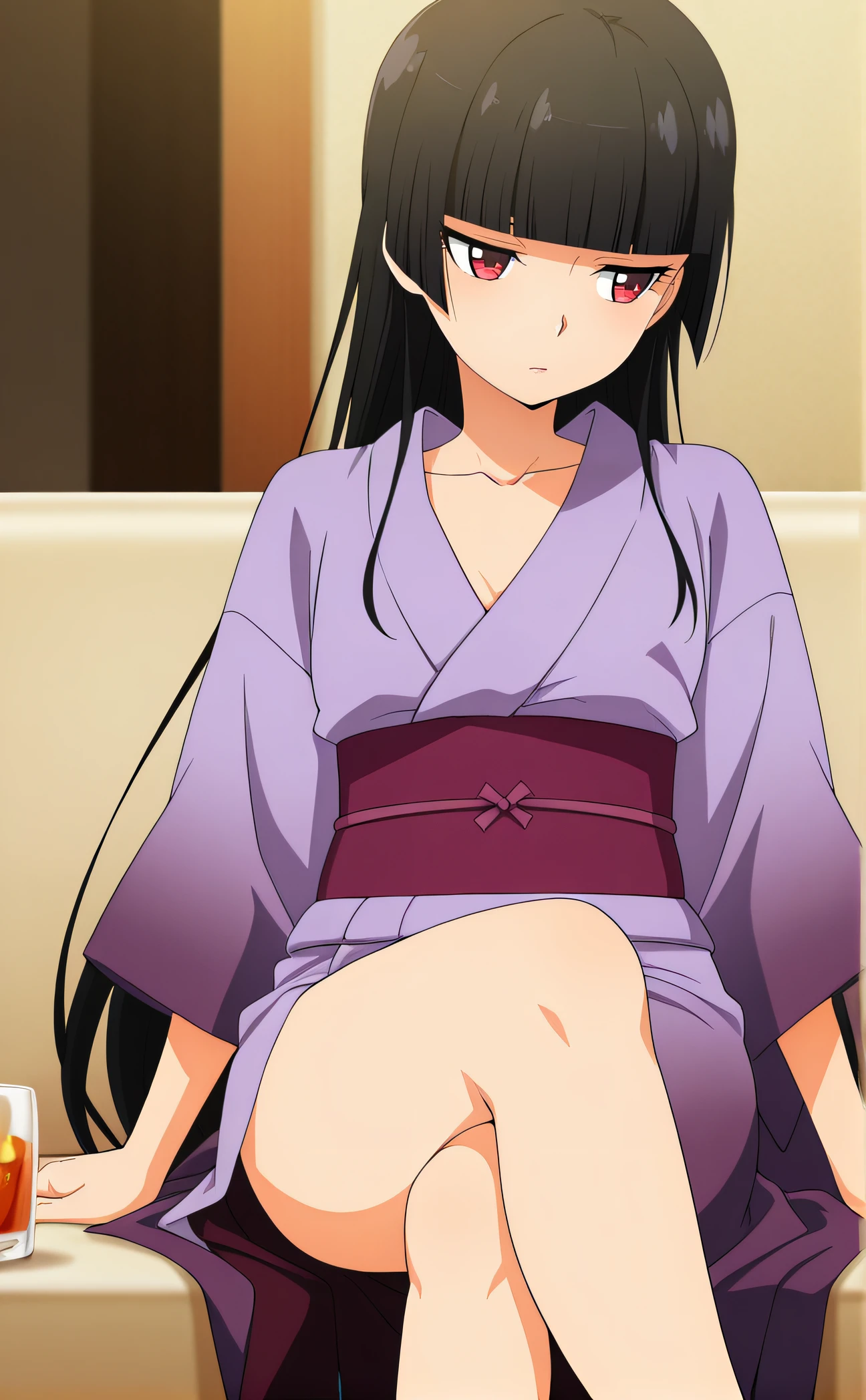 high quality masterpiece, tmasterpiece, Anime style (One girl is a Japanese priestess) dark long hair, gray eyes, An indifferent face. bare feet. Against the background of the street of the temple