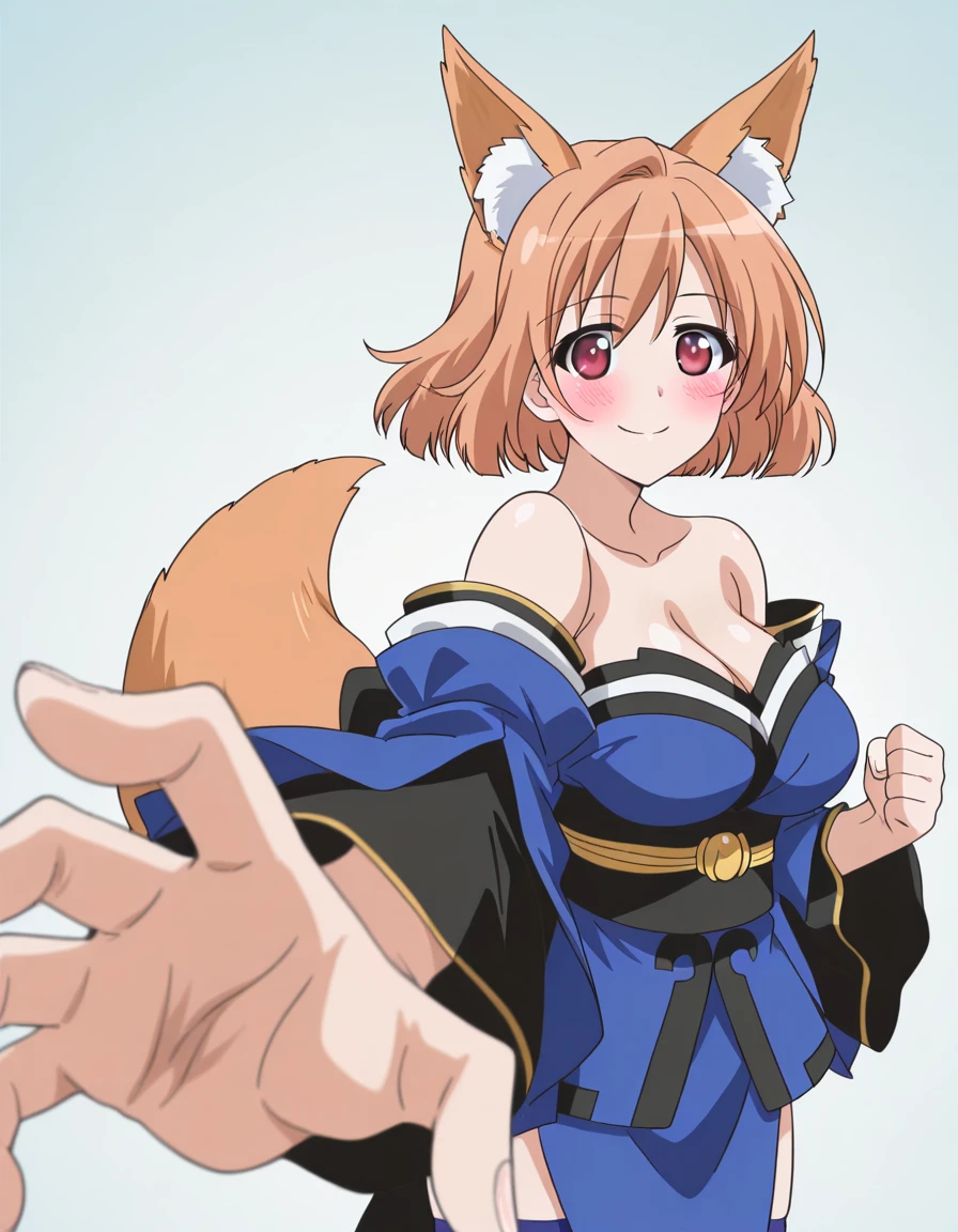 masterpiece, best quality, amazing quality,, <lora:motoka-nogisaka-s1-illustriousxl-lora-nochekaiser:1>, motoka nogisaka, short hair, red eyes, orange hair, mature female, breasts, anime screencap, <lora:tamamo-no-mae-cosplay-illustriousxl-lora-nochekaiser:1>, tamamonomaecosplay, tamamo no mae (cosplay), animal ears, bare shoulders, blue kimono, blue thighhighs, detached sleeves, fox ears, fox tail, japanese clothes, kimono, obi, sash, collarbone, thighhighs, wide sleeves,, <lora:pepe-punch-illustriousxl-lora-nochekaiser:1>, pepe punch, looking at viewer, blush, smile, simple background, closed mouth, clenched fist, foreshortening, punching, incoming punch, incoming attack, one_eye_closed, , , ,
