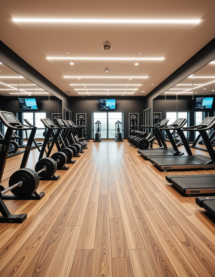 A spacious, modern gym with sleek design and floor-to-ceiling mirrors covering the walls, reflecting the equipment and ambient lighting. The room is filled with high-end fitness machines, free weights neatly arranged on racks, and polished hardwood or rubberized flooring. Bright LED strip lights run along the ceiling, providing crisp illumination that highlights the clean, minimalistic aesthetic. Motivational posters and digital screens display workout stats and routines. The gym is empty, with no people, capturing a calm, ready-for-use atmosphere in perfect symmetry.m0d3rn gym, <lora:m0d3rn_gym-i:1>, Masterpiece,best quality,hi res,8k,hi res,8k,award winning,(sharp focus, intricate, highly detailed),