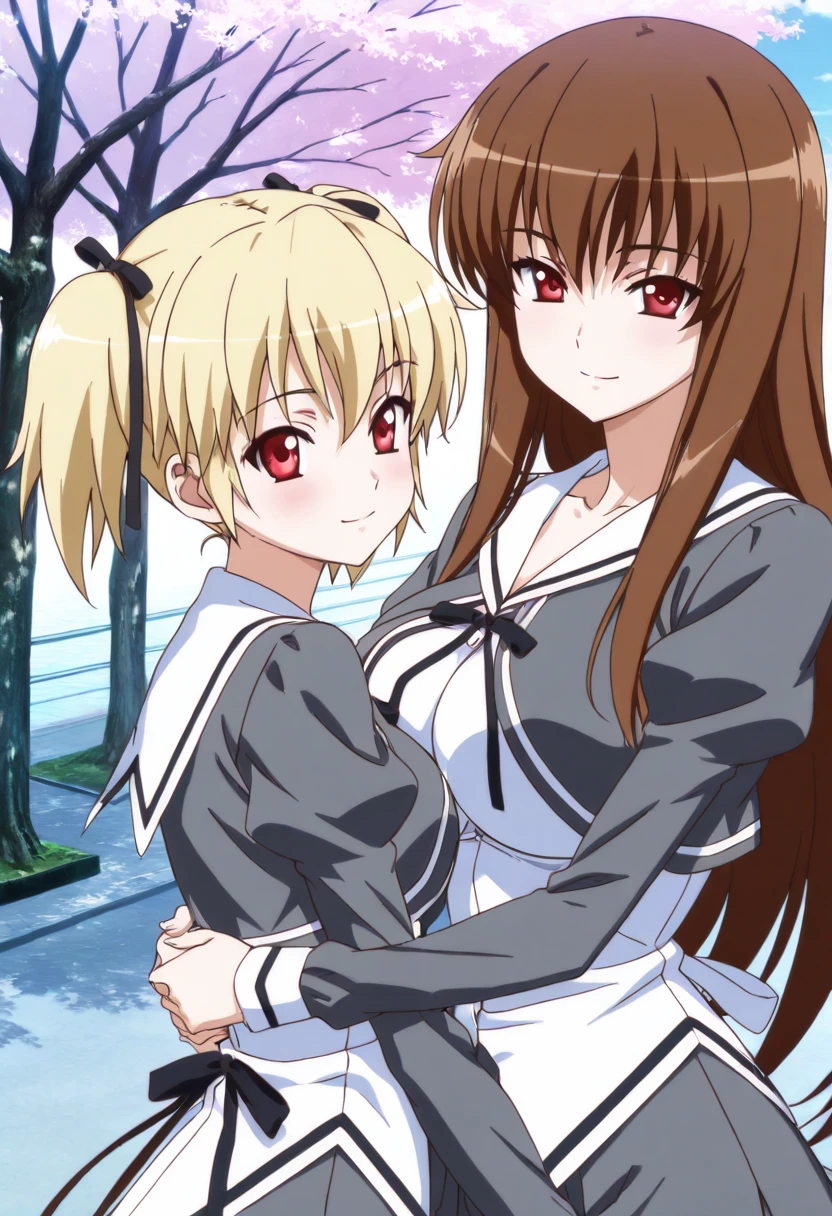 masterpiece, best quality, smile, looking at viewer, narrow waist,    aki sora, 2girls, hug, asymmetrical docking,  large breasts, long hair, brown hair female, school uniform, skirt   short hair, blonde hair, red eyes, ribbon, twintails, school uniform, hair ribbon, upper body, outdoors, serafuku, tree, short twintails ,anime screenshot,  ,    <lora:AkiSoraYumenoNaka_IXL:1.0>,