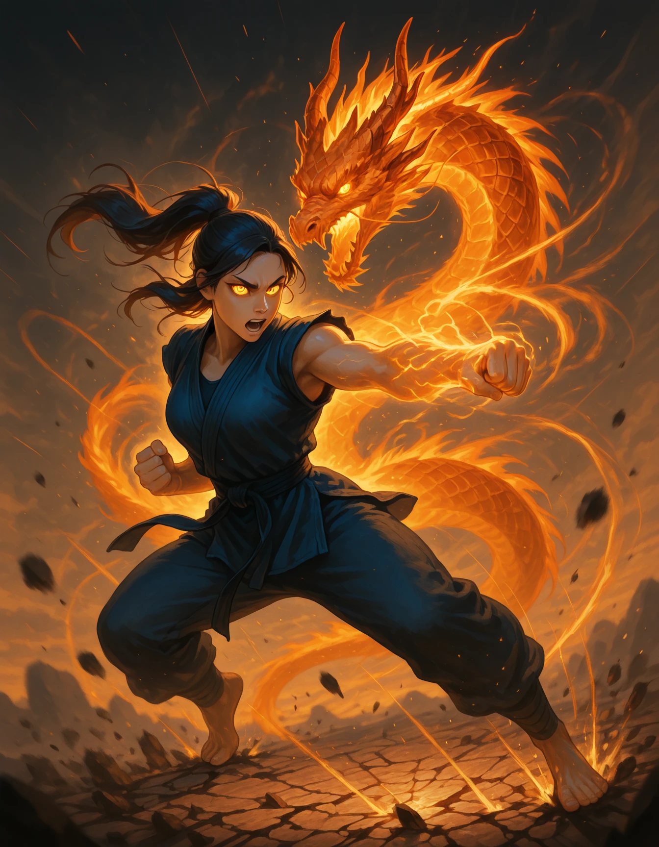dma, Flatline, Flat vector illustration,,masterpiece, best quality, good quality, very aesthetic, absurdres, newest, 8K, depth of field, focused subject, dynamic angle, A powerful martial artist in mid-punch, launching a strike directly toward the viewer. Behind them, a massive, glowing dragon made of energy or fire mimics the exact same motion, as if itâs an extension of their spirit. The punch is full of motion blur, energy trails, and raw force. The dragon coils through the air, eyes glowing, mouth open in a roar. The background is cracked ground, swirling dust, and shockwaves radiating outward. The characterâs eyes are blazing with focus, and their aura pulses with energy. <lora:DragonMartialArtIL:1>