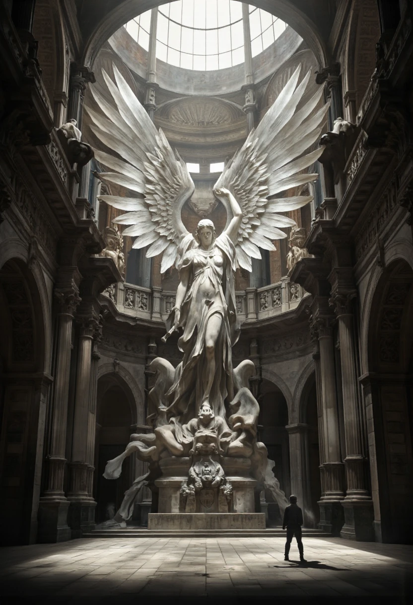 NyxBorne. A photo-realistic shoot from below about a majestic statue of an angelic figure with large wings, set inside a grand, ancient cathedral. the image also shows a dramatic, ethereal atmosphere. on the center of the image, a large, feathered angel statue stands with its wings spread wide, showcasing intricate details and a serene expression. the angel, who appears to be a male figure, is facing away from the viewer, with one arm raised and the other holding a staff. in the foreground, a single figure stands in front of the angel statue, casting a shadow on the stone floor. the cathedral has a high ceiling with a skylight above, allowing light to filter in and illuminate the scene. the walls are made of stone, with intricate carvings and columns, and the overall atmosphere is one of grandeur and awe.