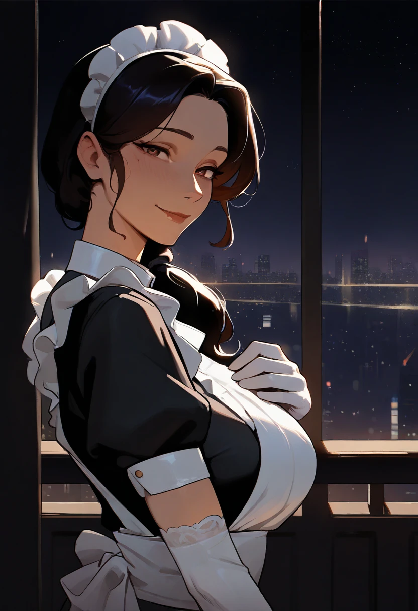 masterpiece, best quality, 1girl, solo, mature female, low side ponytail, one hand on own chest, maid, maid outfit, white elbow gloves, upper body, from side, looking at viewer, smile, balcony, night, starry sky, dark, city, cityscape, stylized