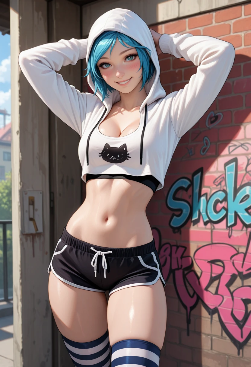 masterpiece, very aesthetic, best quality, absurdres, newest, solo,
<lora:ILLISChloe:1>
LISChloe, 1girl, blue hair, hazel eyes, short hair, looking at viewer, black shorts, navel, arms up, smile, cleavage, striped thighhighs, short shorts, graffiti, dolphin shorts, hood, midriff, sports bra, white hoodie, stomach, drawstring, standing, long sleeves, thighs, blush, crop top
