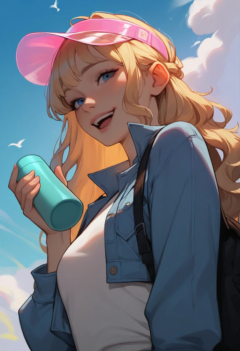 masterpiece, best quality, stylized, realistic, 1girl, solo, blonde hair, wavy hair, half updo, sidelocks, choppy bangs, blue eyes, smile, open mouth, looking at viewer, hand up, holding bottle, aqua thermos, visor cap, pink cap, transparent cap, t-shirt, white shirt, cropped jacket, denim jacket, black backpack, upper body, from below, dutch angle, blue sky, day, cloud, bird