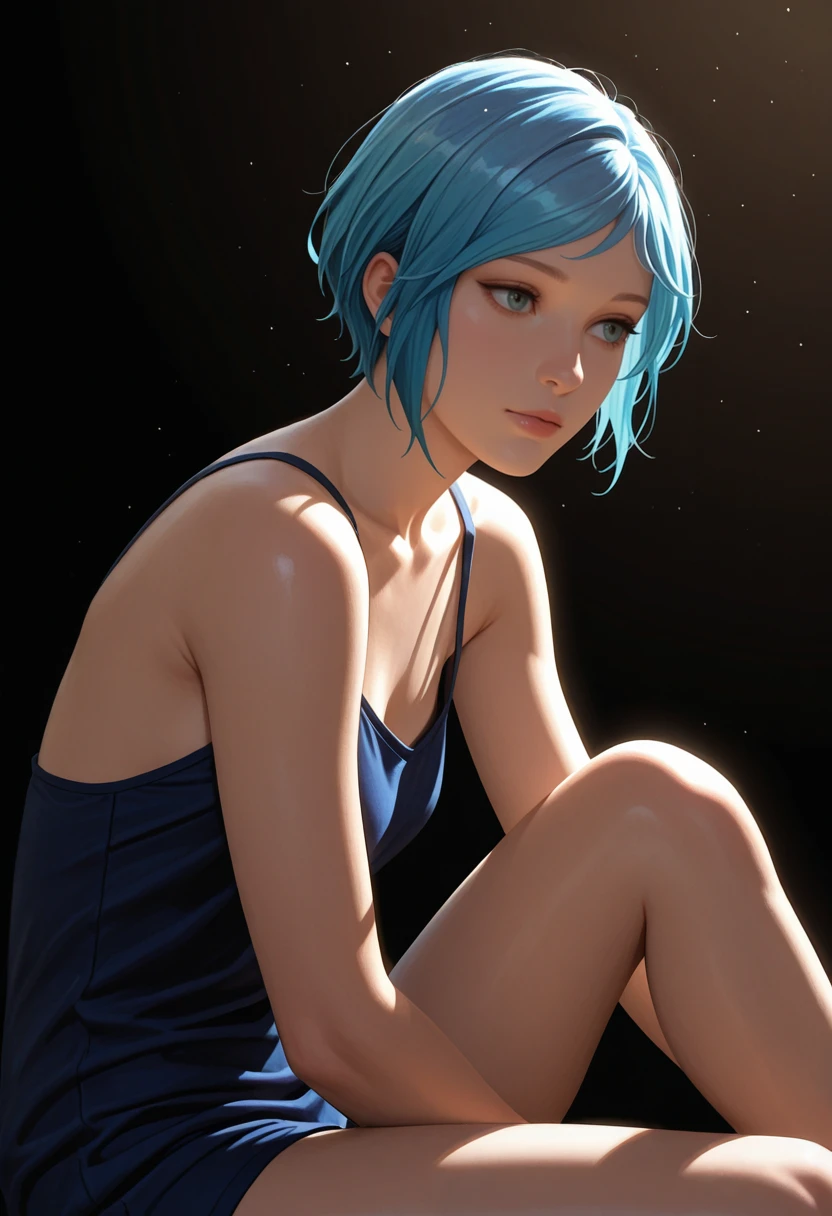 masterpiece, very aesthetic, best quality, absurdres, newest, solo,
<lora:ILLISChloe:1>
LISChloe, 1girl, blue hair, hazel eyes, short hair, sitting, knee up, from the side, black background, back lighting