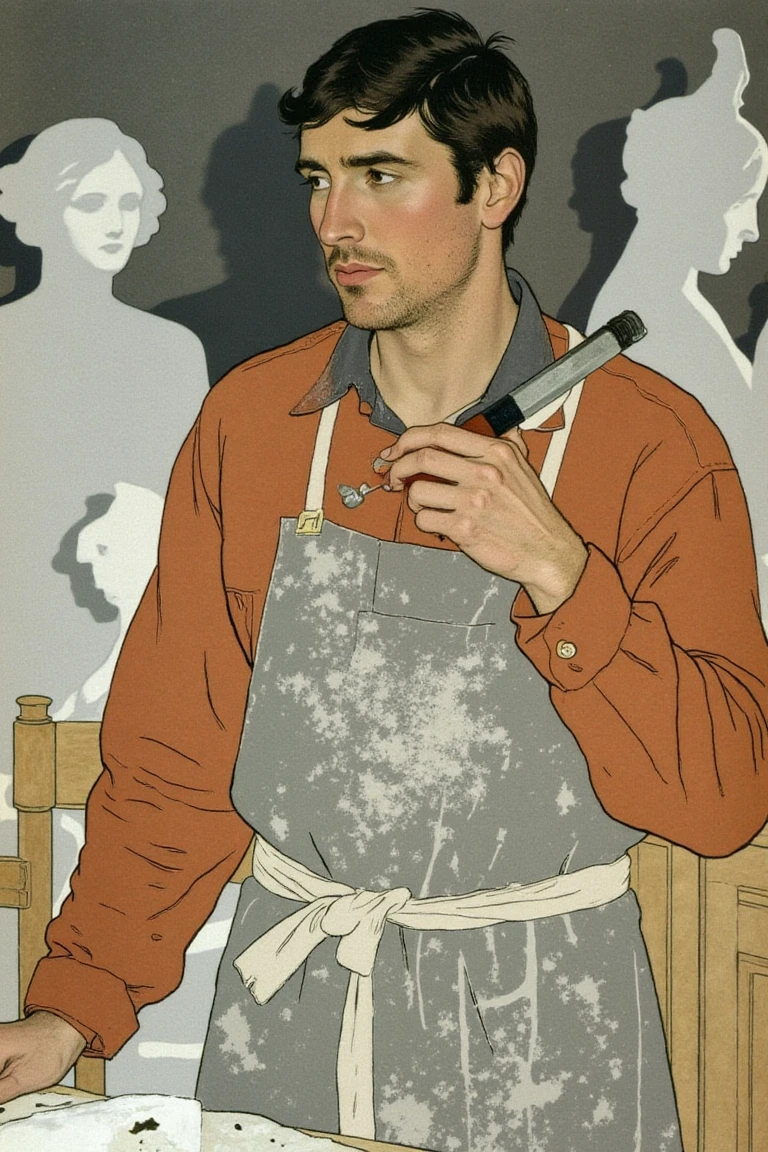 GMF, Fadeaway, CEA, Illustration
An artistic portrait of a sculptor is depicted in a close-up, using only warm terracotta and muted slate tones, reflecting his thoughtful and concentrated expression. He wears a dust-covered apron and holds a small chisel near his face. The background features an abstract studio with blurred shapes of sculptures and soft shadow gradients, evoking creativity and dedication.