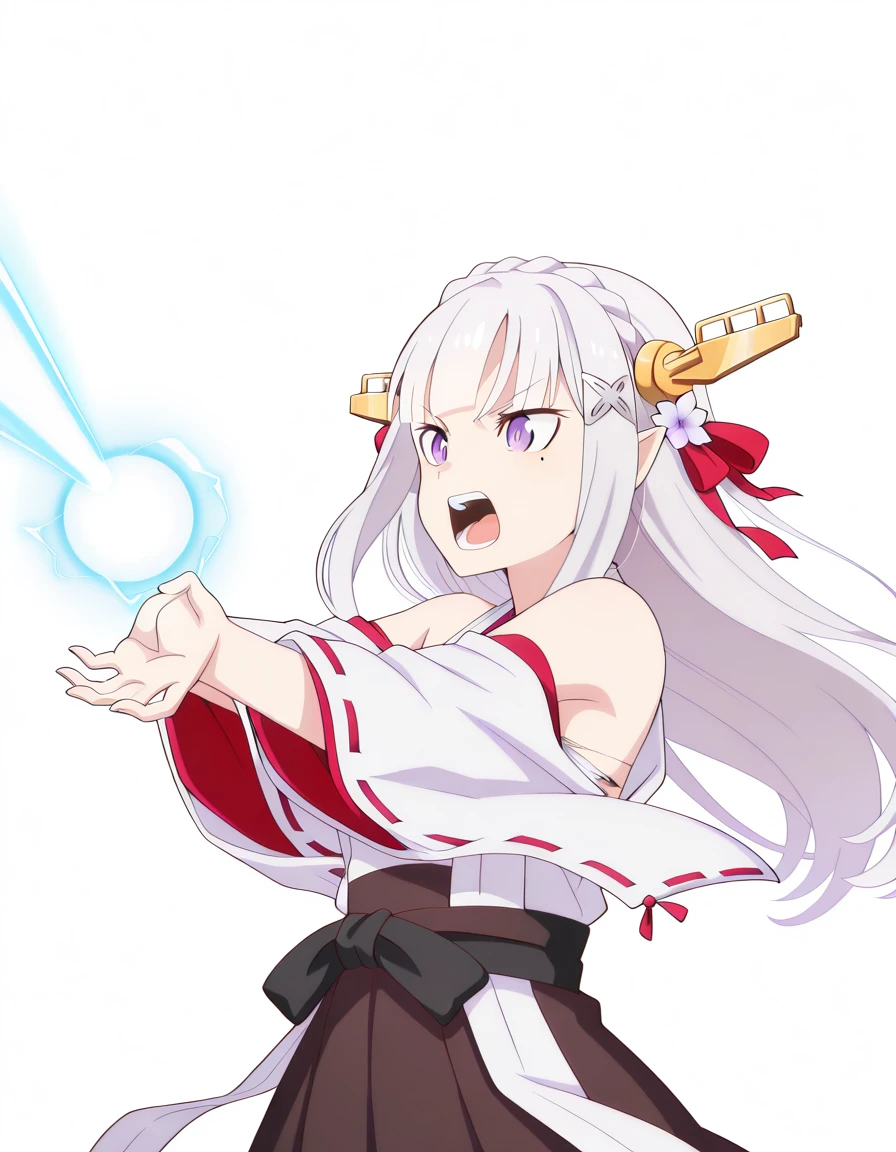 masterpiece, best quality, amazing quality,, <lora:rezero-emilia-s3-p1-illustriousxl-lora-nochekaiser:1>, emilia, braid, crown braid, flower, hair flower, hair ornament, hair ribbon, long hair, pointy ears, purple eyes, white hair, x hair ornament, breasts, anime screencap, <lora:kancolle-kongou-cosplay-illustriousxl-lora-nochekaiser:1>, kancolle kongou cosplay, kongou (kancolle) (cosplay), kongou pose, nontradional miko, cosplay, ribbon-trimmed sleeves, ribbon trim, bare shoulders, headgear,, <lora:kamehameha-illustriousxl-lora-nochekaiser:1>, kamehameha, kamehameha (dragon ball), open mouth, outstrecthed arms, torn clothes, shouting, energy, energy beam, energy ball, from side, electricity,, mole_under_eye, open mouth, <lora:transparent-background-illustriousxl-lora-nochekaiser:1>, transparent background, simple background, white background, ,