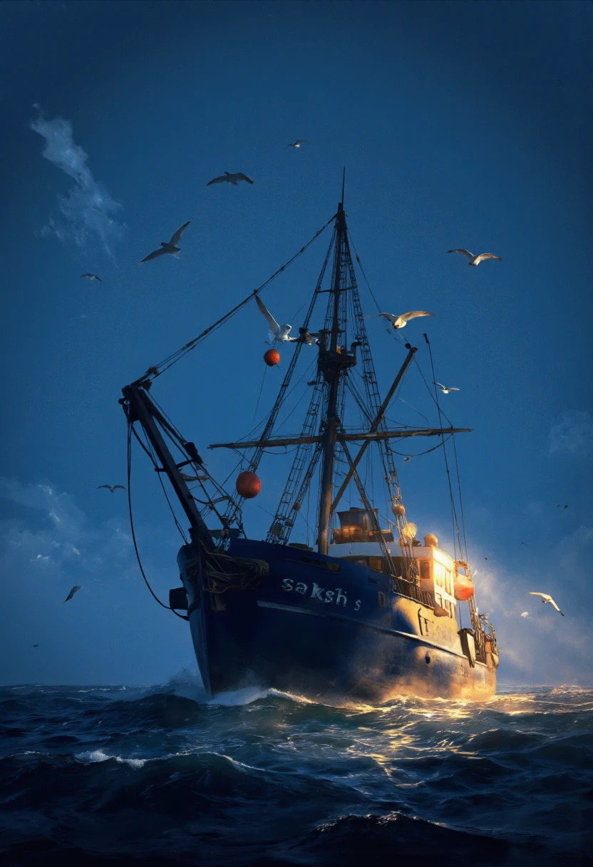 NyxBorne. A serene scene featuring a large fishing boat in the middle of the frame, surrounded by seagulls flying around it. the sky is a deep blue, with a few wispy clouds scattered across it, and the water is choppy with small waves. the boat is illuminated by a soft, warm light, casting a golden glow on its hull and the surrounding area. the ship itself is a dark blue color with the name "saksh" written on the side in white lettering. it has a large, criss-crossed mast and several smaller, red buoys attached to its deck. the overall atmosphere of the image is peaceful and tranquil, with the serene and calm ambiance of the scene.