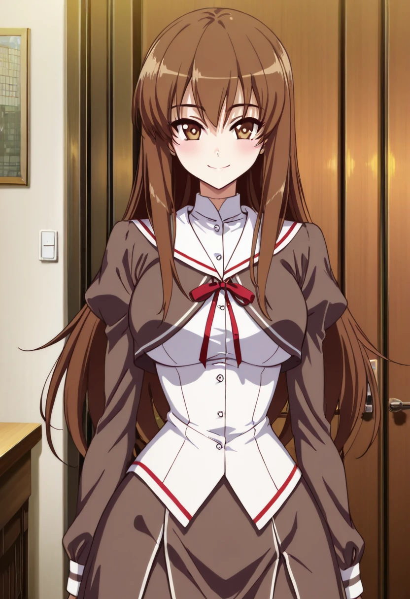 masterpiece, best quality, smile, looking at viewer, narrow waist, aki sora, anime screenshot, large breasts, long hair, brown hair female, school uniform, skirt ,anime screenshot, , <lora:AkiSoraYumenoNaka_IXL:1.0>,