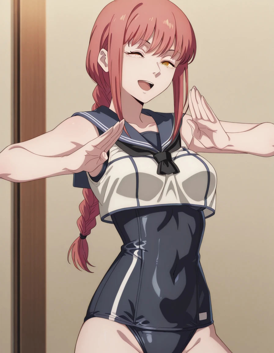 masterpiece, best quality, amazing quality,, <lora:chainsawman-makima-s1-illustriousxl-lora-nochekaiser:1>, makima, makima (chainsaw man), long hair, bangs, yellow eyes, braid, red hair, braided ponytail, ringed eyes, mature female, medium breasts, anime screencap, <lora:kancolle-ro-500-cosplay-illustriousxl-lora-nochekaiser:1>, kancolle ro-500 cosplay, ro-500 (kancolle) (cosplay), swimsuit, under clothes, cosplay, one-piece swimsuit, sailor collar, swimsuit, crop top,, <lora:kung-fu-illustriousxl-lora-nochekaiser:1>, kung fu, martial arts, training, fighting stance, cowboy shot, ^_^, open mouth, , ,