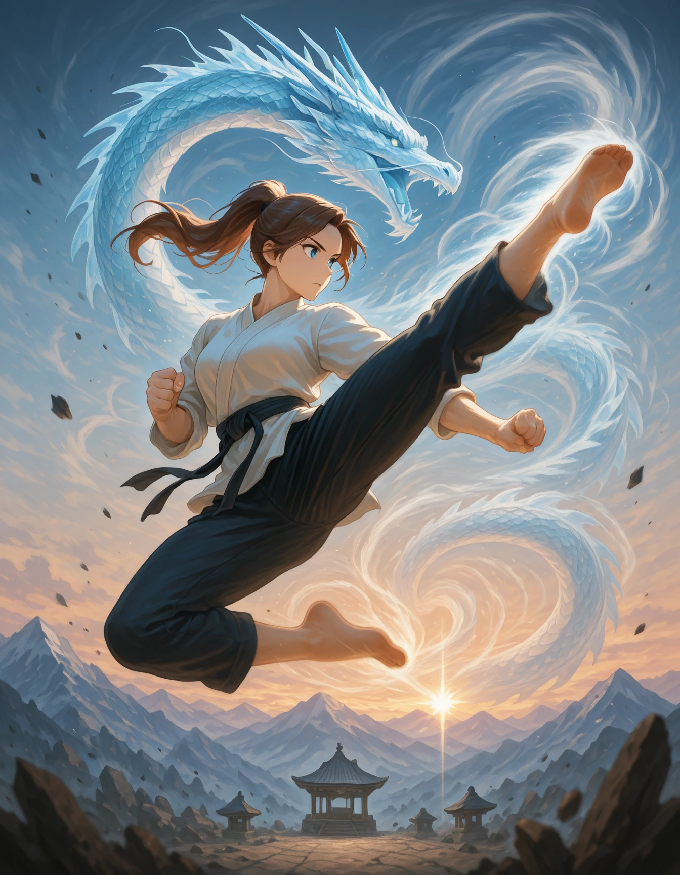 Flatline, Flat vector illustration,,masterpiece, best quality, good quality, very aesthetic, absurdres, newest, 8K, depth of field, focused subject, An acrobatic martial artist leaps into the air, delivering a twisting tornado kick. A semi-transparent wind dragon spirals around their body, centered on the kicking leg. Leaves and debris are caught in the vortex. The background shows a crumbling mountaintop shrine caught in the windstorm. <lora:DragonMartialArtIL:1> dma