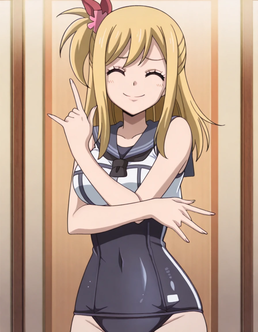 masterpiece, best quality, amazing quality,, <lora:lucy-heartfilia-s1s3s7-illustriousxl-lora-nochekaiser:1>, lucy heartfilia, hair ornament, one side up, long hair, blonde hair, brown eyes, mature female, breasts, anime screencap, <lora:kancolle-ro-500-cosplay-illustriousxl-lora-nochekaiser:1>, kancolle ro-500 cosplay, ro-500 (kancolle) (cosplay), swimsuit, under clothes, cosplay, one-piece swimsuit, sailor collar, swimsuit, crop top,, <lora:kakyoin-noriakis-pose-illustriousxl-lora-nochekaiser:1>, kakyoin noriakis pose, kakyoin noriaki's pose (jojo), jojo pose, m/, pointing up, hands up, looking at viewer, smile, cowboy shot, ^_^, , , ,