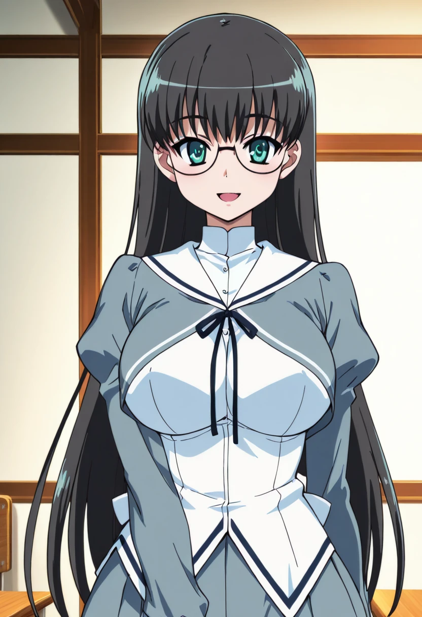 masterpiece, best quality, 1girl, solo, long hair, breasts, looking at viewer, smile, open mouth, blue eyes, large breasts, black hair, long sleeves, very long hair, school uniform, green eyes, glasses, indoors, classroom anime screenshot, , <lora:AkiSoraYumenoNaka_IXL:1.0>, <lora:CitronKuroStyle_IXL:1.0>,