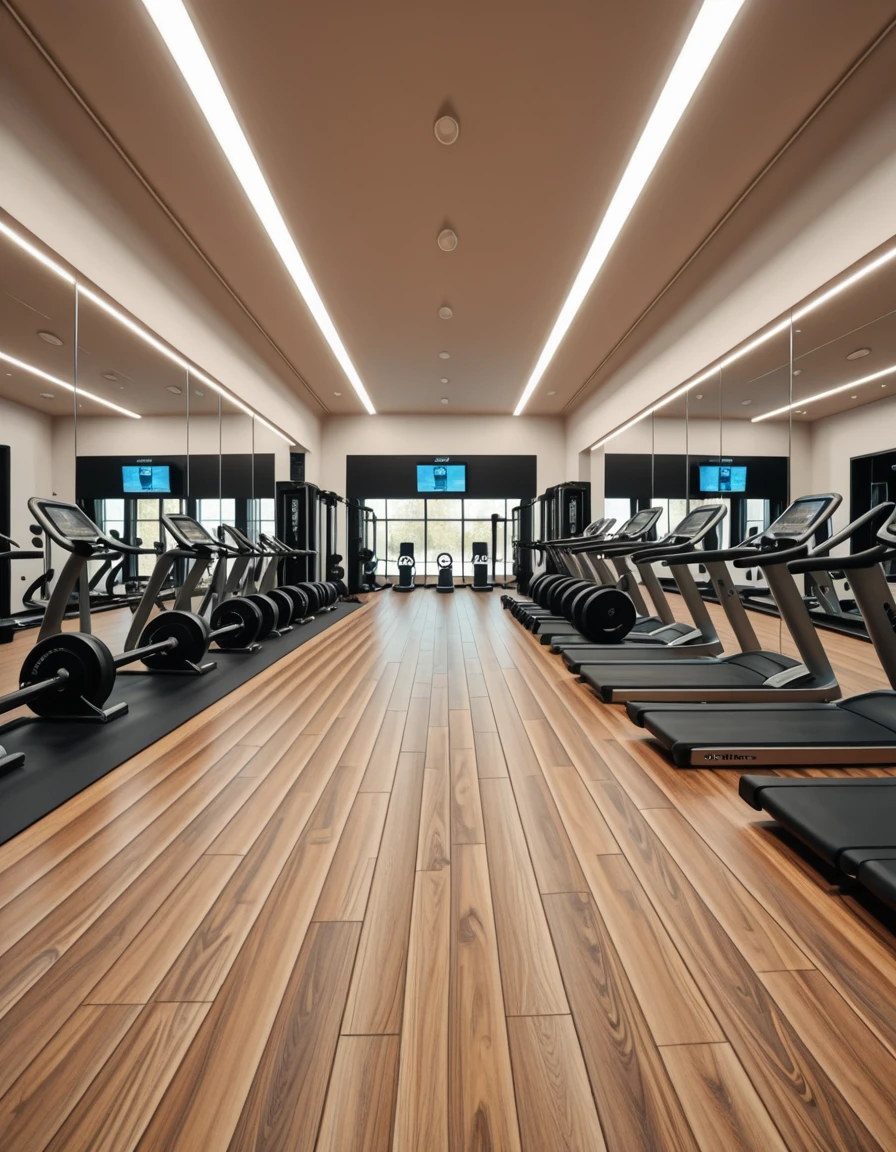 A spacious, modern gym with sleek design and floor-to-ceiling mirrors covering the walls, reflecting the equipment and ambient lighting. The room is filled with high-end fitness machines, free weights neatly arranged on racks, and polished hardwood or rubberized flooring. Bright LED strip lights run along the ceiling, providing crisp illumination that highlights the clean, minimalistic aesthetic. Motivational posters and digital screens display workout stats and routines. The gym is empty, with no people, capturing a calm, ready-for-use atmosphere in perfect symmetry.m0d3rn gym, <lora:m0d3rn_gym-i:1>, Masterpiece,best quality,hi res,8k,hi res,8k,award winning,(sharp focus, intricate, highly detailed),
