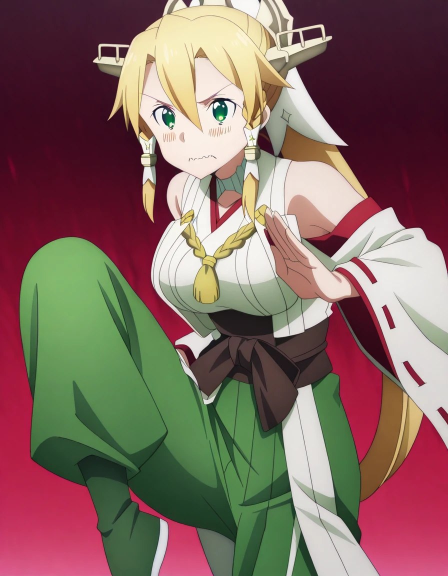 masterpiece, best quality, amazing quality,, <lora:suguha-kirigaya-s3-illustriousxl-lora-nochekaiser:1>, suguha kirigaya, leafa (sao), long hair, blonde hair, hair ornament, green eyes, ponytail, hair tubes, mature female, breasts, anime screencap,, <lora:kancolle-kongou-cosplay-illustriousxl-lora-nochekaiser:1>, kancolle kongou cosplay, kongou (kancolle) (cosplay), kongou pose, nontradional miko, cosplay, ribbon-trimmed sleeves, ribbon trim, bare shoulders, headgear,, <lora:kung-fu-illustriousxl-lora-nochekaiser:1>, kung fu, martial arts, training, fighting stance, cowboy shot, leg up, wavy_mouth, , , ,