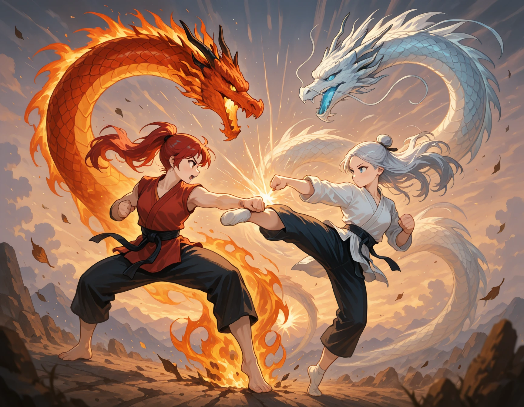 dma, Flatline, Flat vector illustration,,masterpiece, best quality, good quality, very aesthetic, absurdres, newest, 8K, depth of field, focused subject, dynamic angle, Two female martial artists â one with red hair in a flame gi, the other with silver hair in a wind-flowing outfit â strike in perfect synchronicity. One punches, fire dragon bursts forward. The other spins into a kick, wind dragon spirals around. The dragons twist together in a yin-yang motion, leaving a trail of scorched earth and swirling leaves. <lora:DragonMartialArtIL:1>