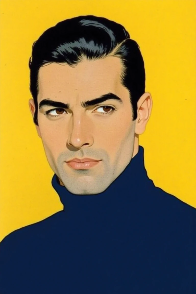 GMF, Fadeaway, CEA, Illustration portrait of a man with jet-black hair slicked back, facing forward against a bold mustard yellow backdrop. He wears a tailored navy blue turtleneck, the lighting casting gentle highlights on his high cheekbones. His gaze is intense, lips slightly pursed in a neutral tone. The style is minimalist with a strong color contrast.