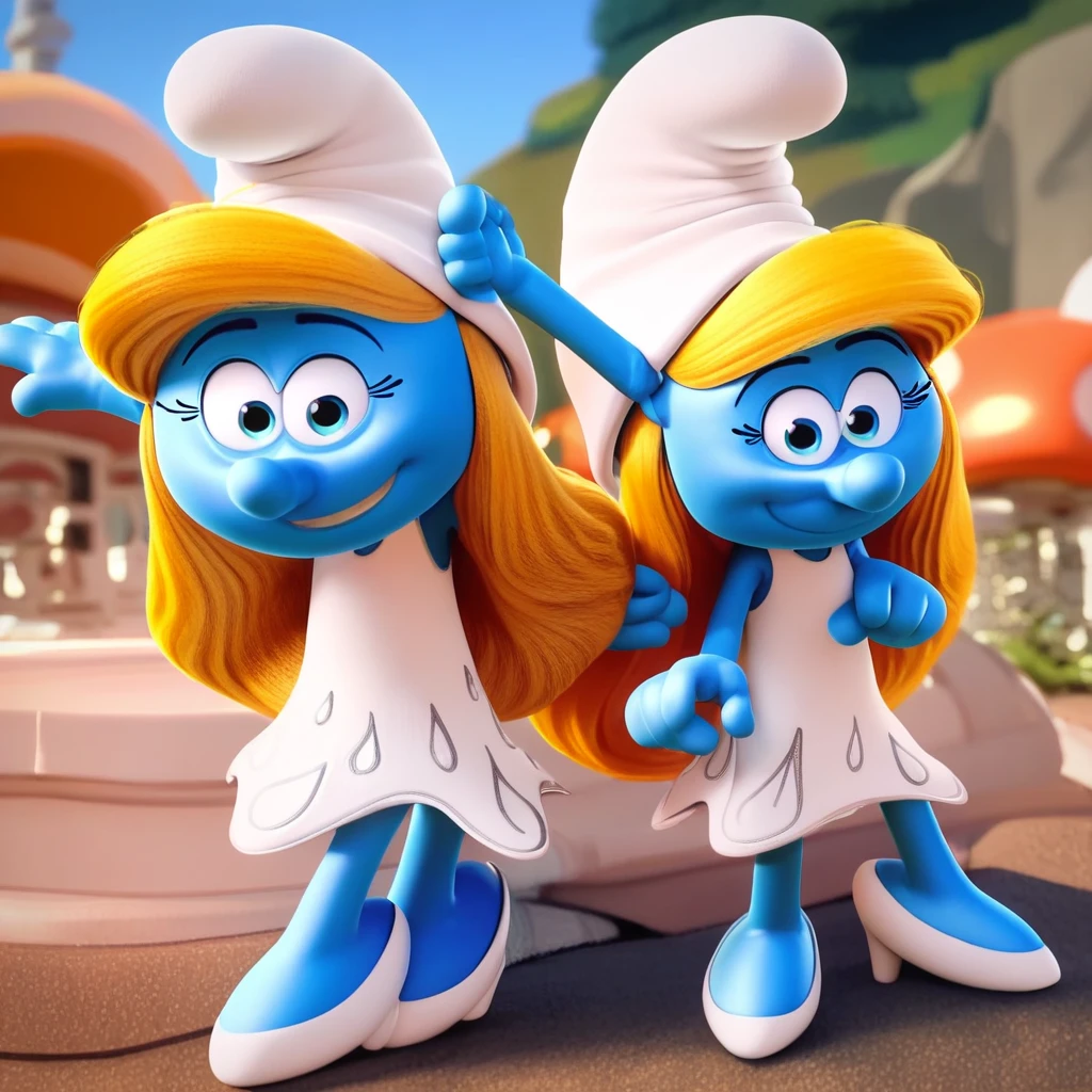 smurfette, kneeling, doggystyle sex, white dress, hat, on all fours, blonde, blue skin