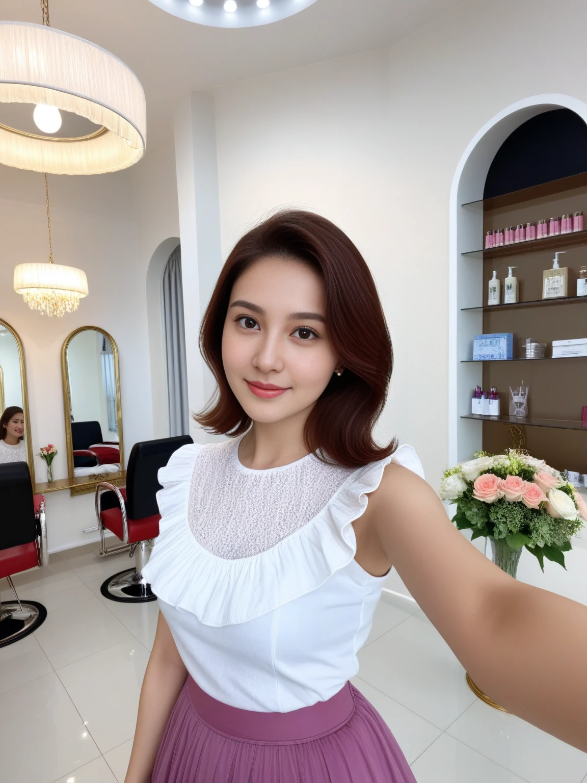 <lora:JJsHairSalon_XL:1>, ((Hair Salon)) , ((best quality)),((masterpiece)),((realistic)), indoors, mirror, reflection, chair, table, photorealistic, authentic, indoor scenery, highly detailed, stainless, ceiling light, white wall, cup,curtains, glass,,bouquet,tiles,lamp,tile floor,vase, 1girl, face, look at viewer, selfi, solo, skirt, semi full body,, closeup portrait photography, beautiful eyes, capturing emotion, personality, flattering lighting, professional, engaging, compelling composition