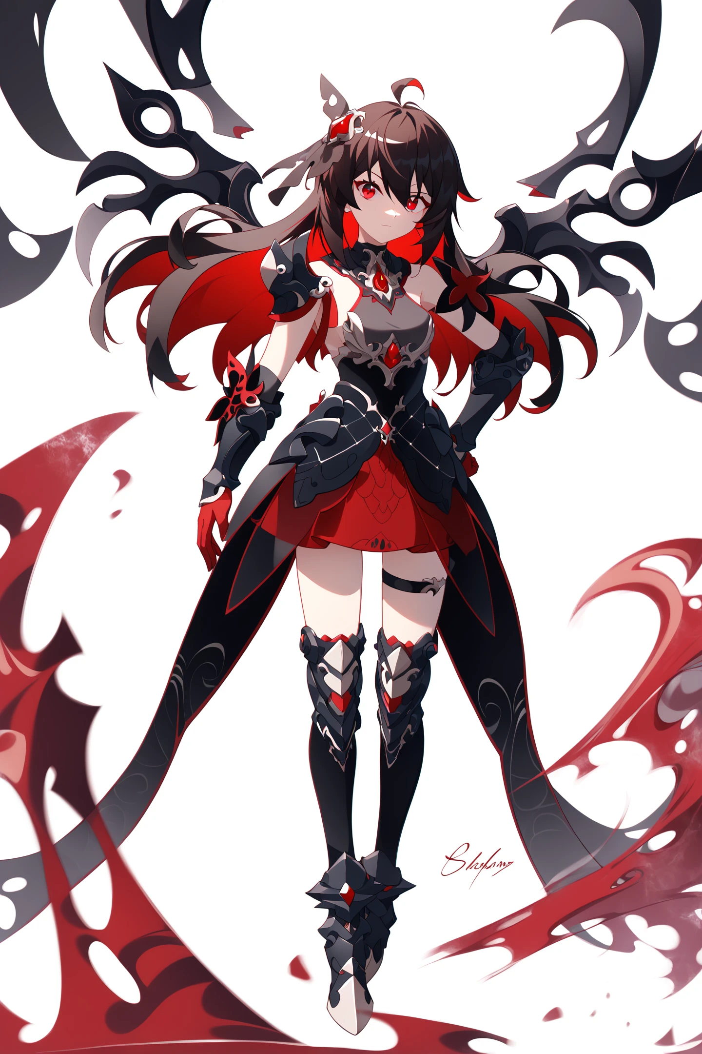 score_9,score_8_up,score_7_up,score_anime,8k,best quality,masterpiece,(ultra-detailed),(high detailed skin),(by nanoless, by misumi \(macaroni\),:0.5),<lora:YLI 0.1v:0.25>,<lora:style1:0.25>,
A full-body portrait of a young girl,standing gracefully,pastel art style,high-key lighting,shoujo manga influence,hd quality,delicate details,
full body,full shot,standing,looking at viewer,(solo:1.2),simple background,white background,hand on own hip,
Digital Deconstruction,Glitch Art,
<lora:StarchasmNyx-pony-Tanger:0.8>,
seele vollerei,seele vollerei \(Starchasm Nyx\),clothes: Red and black female armored skirt,multicolored hair,red hair,black hair,1girl,red eyes,bangs,red gloves,Starchasm Nyx black hair ornament,long hair,Starchasm Nyx black thigh boots,hair between eyes,