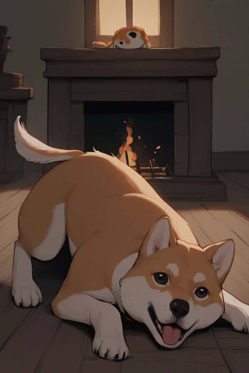 masterpiece, best quality, stylized, no humans, dog, animal focus, shiba inu, on stomach, wooden floor, fireplace, indoors, backlighting