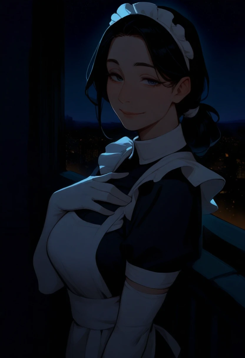 masterpiece, best quality, 1girl, solo, mature female, low side ponytail, one hand on own chest, maid, maid outfit, white elbow gloves, upper body, from side, looking at viewer, smile, balcony, night, starry sky, dark, city, cityscape, stylized