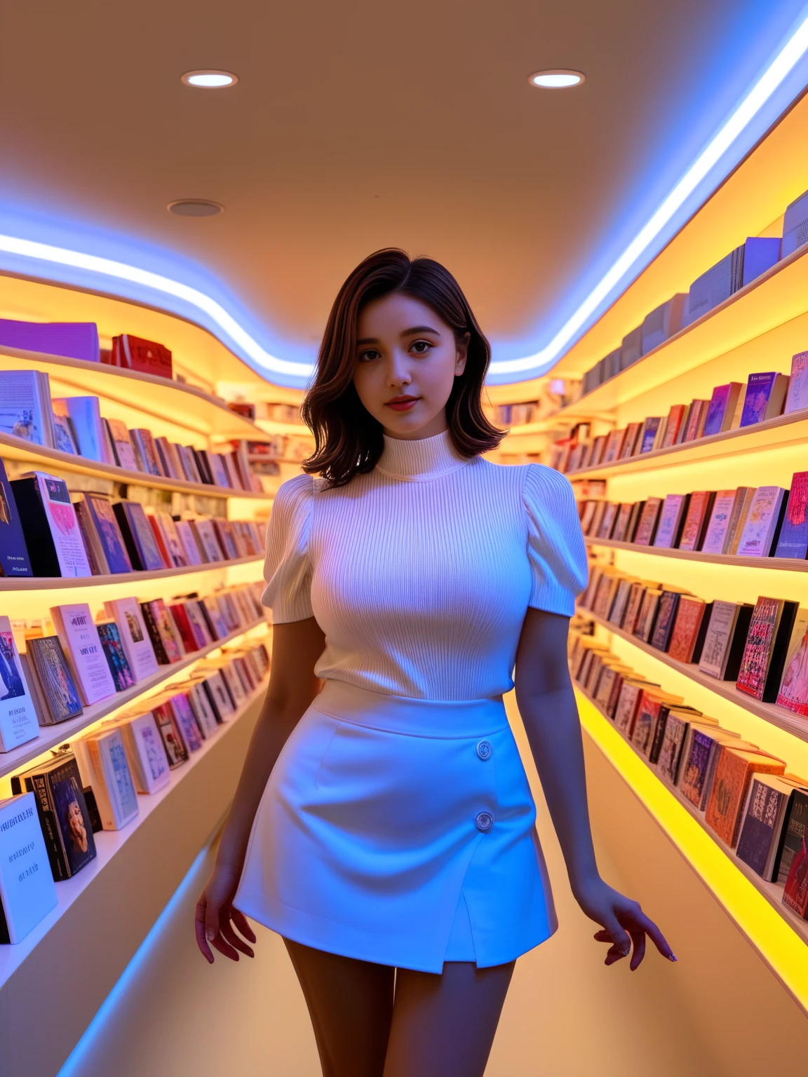 <lora:JJsBookStore_XL:1> ((best quality)),((masterpiece)),((realistic)), (((BookStore))) , interior, indoors, photorealistic, chair , authentic, soft lighting,indoor scenery, wall ,ceiling light,1girl, look at viewer, full body,neon light,, face, look at viewer, CURVY, instagram photo,, mini skirt,, closeup portrait photography, beautiful eyes, capturing emotion, personality, flattering lighting, professional, engaging, compelling composition
