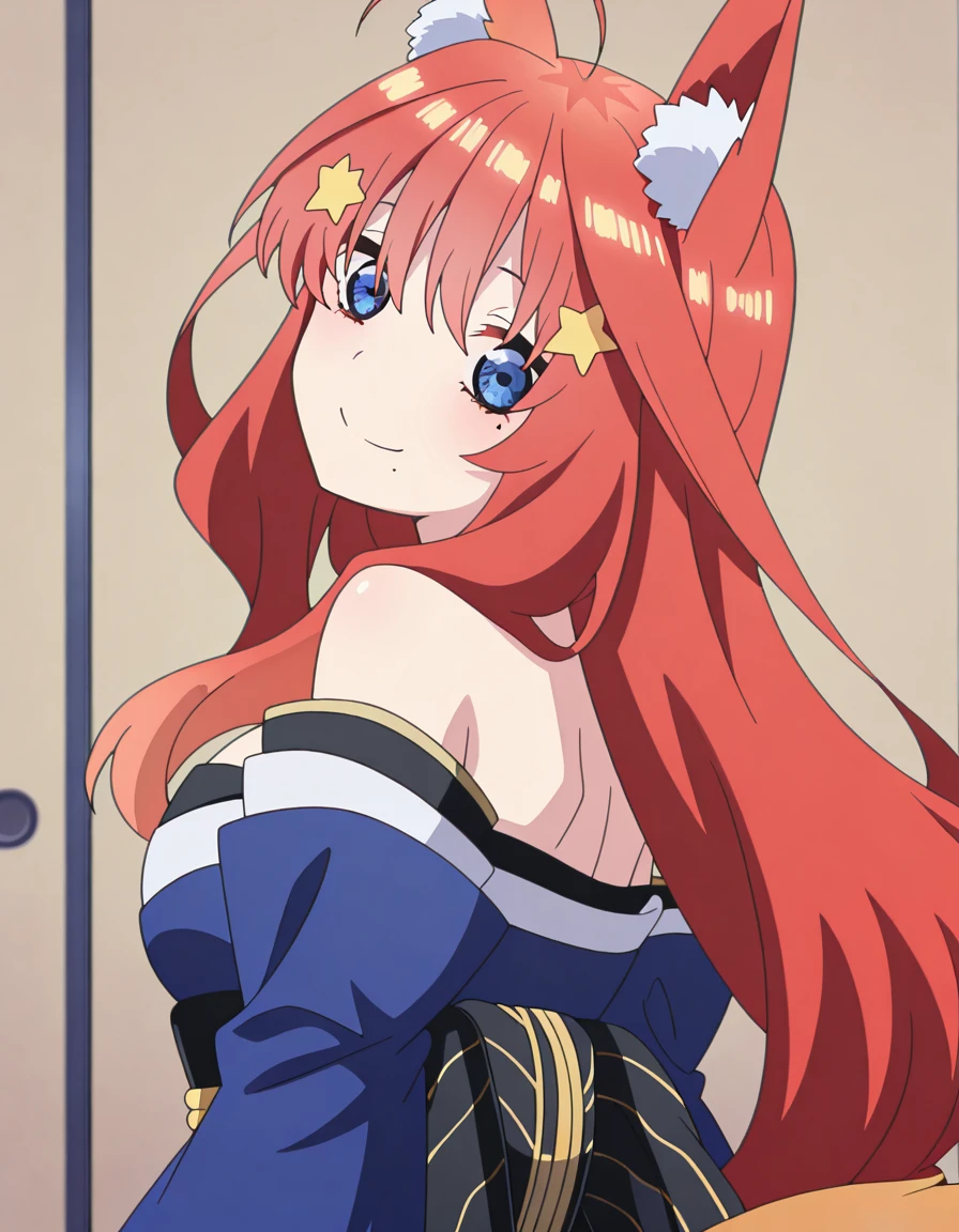 masterpiece, best quality, amazing quality,, <lora:itsuki-nakano-honeymoon-illustriousxl-lora-nochekaiser:1>, itsuki nakano, long hair, bangs, blue eyes, hair ornament, hair between eyes, very long hair, ahoge, red hair, star (symbol), star hair ornament, mature female, breasts, anime screencap, <lora:tamamo-no-mae-cosplay-illustriousxl-lora-nochekaiser:1>, tamamonomaecosplay, tamamo no mae (cosplay), animal ears, bare shoulders, blue kimono, blue thighhighs, detached sleeves, fox ears, fox tail, japanese clothes, kimono, obi, sash, collarbone, thighhighs, wide sleeves,, <lora:shaft-look-illustriousxl-lora-nochekaiser:1>, shaft look, looking back, from behind, head tilt, upper body, smile,, mole_under_mouth, , , ,