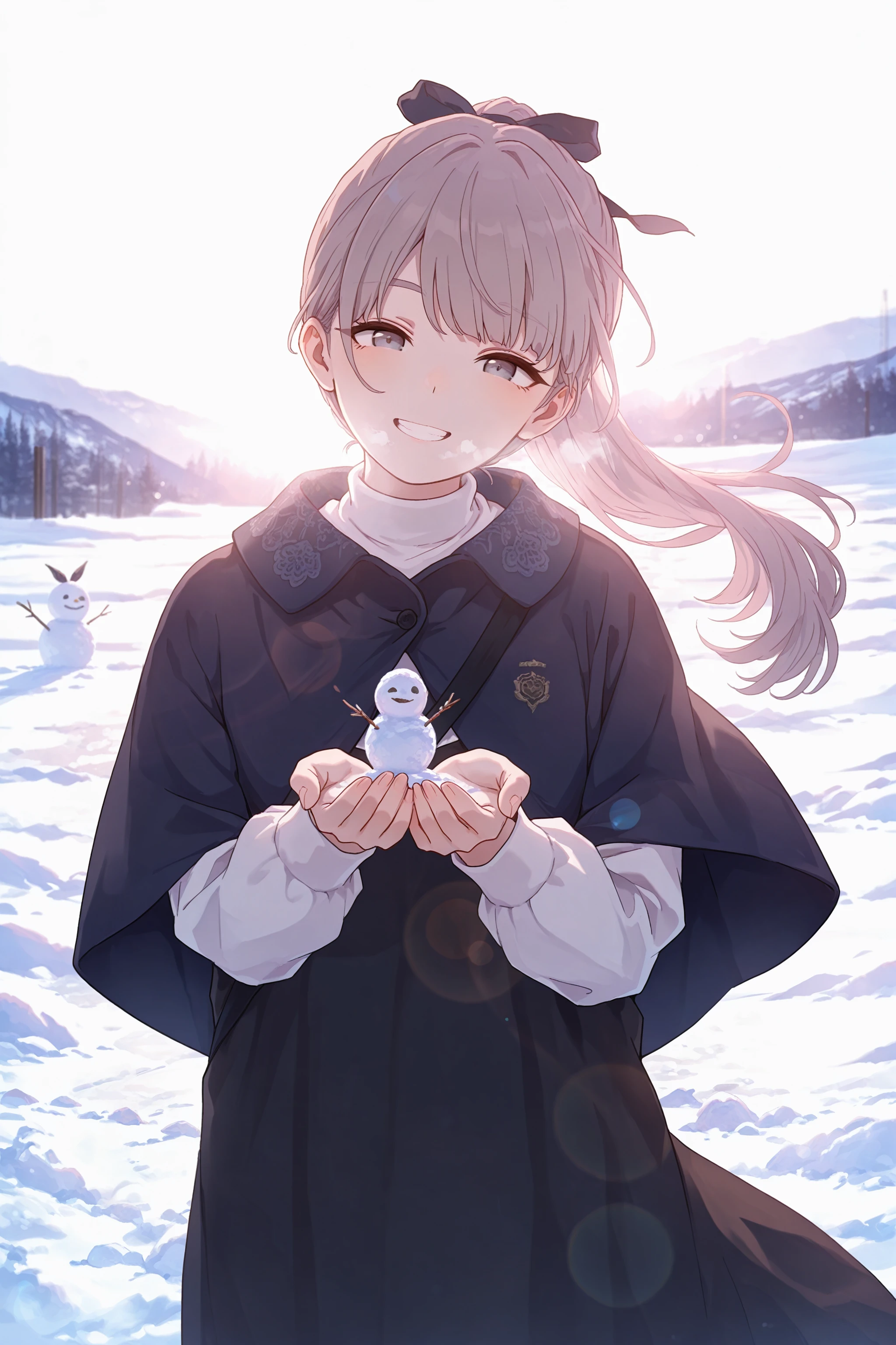 masterpiece, best quality, absurdres, safe
1girl, lapwing, grey hair, grey eyes, ponytail, hair ribbon,
black capelet, black dress, strap, turtleneck, white sleeves, pinafore dress,
looking at viewer, floating hair,
snow, breath, cupping hands, [ snowball, : small snowman, :0.3]
smile, [half-closed eyes, ::0.3] head tilt, backlighting, lens flare,
<lora:lapwing_il_2_d16:1>
<lora:backlighting_il_2_d16:1>
<lora:wide_shot_il_1_d32:0:hr=1>