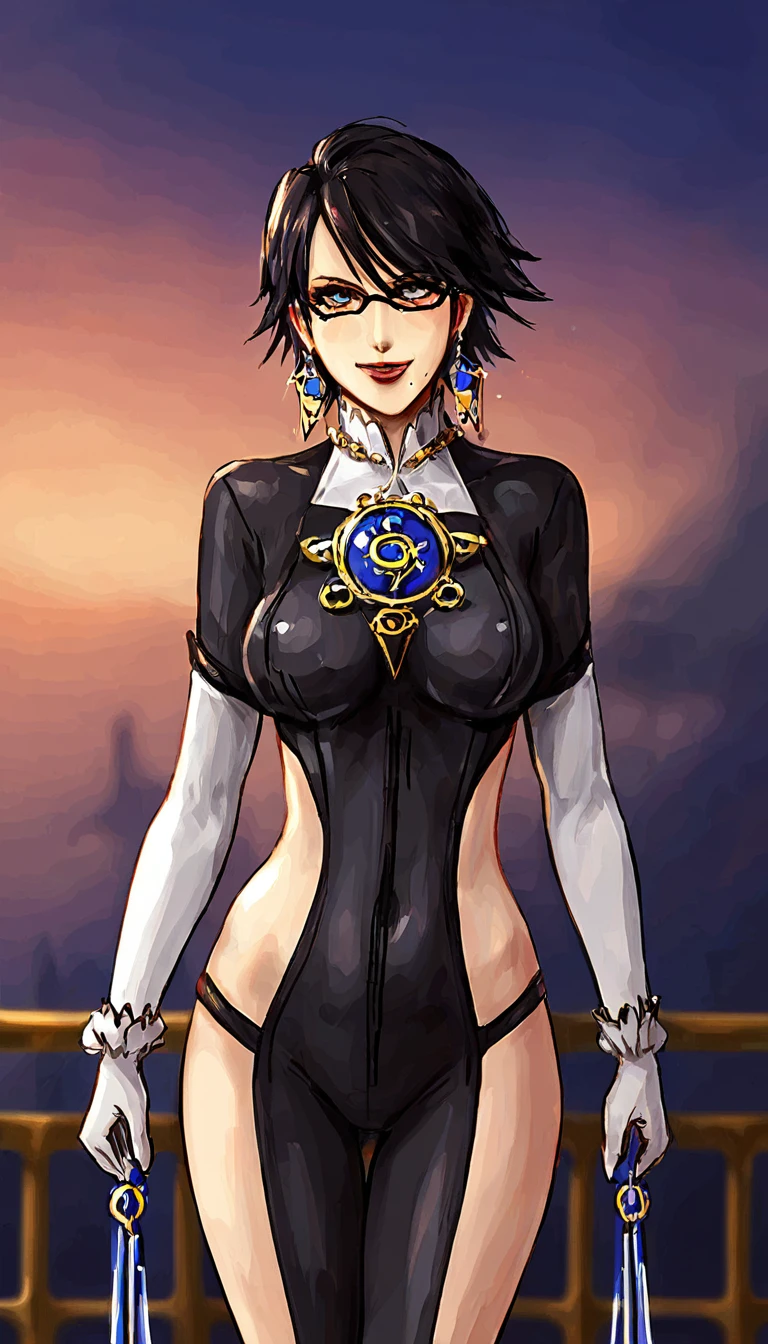 ((masterpiece)),((best quality)),((absurdres)),((ornate)),cowboy_shot,(straight-on),dynamic_pose,bayonetta_2_shorthair_aiwaifu,aiwaifu,black_hair,blue_eyes,jewelry,glasses,earrings,mole_under_mouth,makeup,short_hair,lipstick,lips,gloves,amulet,alternate_hair_length,breasts,bodysuit,elbow_gloves,black-framed_eyewear,large_breasts,white_gloves,eyeshadow,chain,cleavage_cutout, clothing_cutout,cleavage,bangs,semi-rimless_eyewear,toned,curvy, narrow waist, solo,mature_female,looking_at_viewer,architecture,garden,stream,outdoors,gradient_sky,twilight,petals,magic,backlighting,light_particles,bokeh, blurry_background,colorful,(highres),(ornate_clothes),(vanishing_point),(dappled_sunlight),(depth_of_field),(scenery),(realistic),(masterpiece), naked