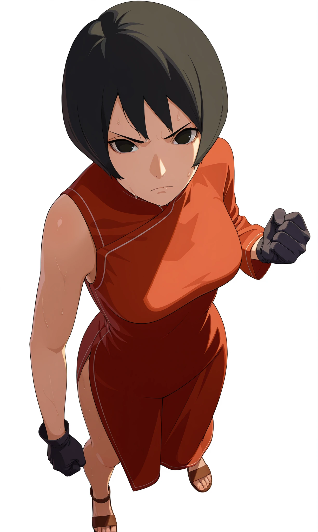 masterpiece,best quality,perfect lighting,shiny skin,game cg,
pov,from above,close-up,
clenched hand,hand up,
BREAK
kurotsuchii,1girl,solo,looking at viewer,no pupils,short hair,
china dress,side slit,single sleeve,long sleeve,bare shoulder,
black gloves,
sandals,toes,
sweat,frown,wet,
simple background,white background,