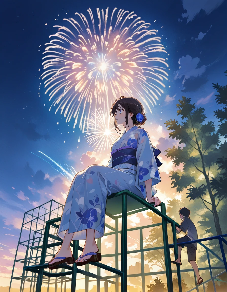(masterpiece, highest quality), One Girl,  Satou, Satou, Glasses, 赤いフレームのGlasses, Yukata, Satou, Glasses, 赤いフレームのGlasses, kimono,head to feet,Fireworks,