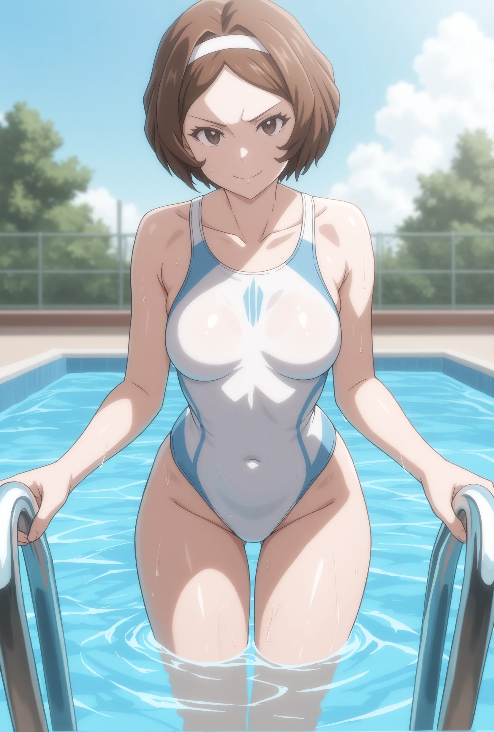 High level image quality best image quality 8K adult woman pool party rain palm trees more colors whole body view portrait bikini horn ears short hair((shortcut)(gray hair)(perm)(fluffy)) eye color is blue , , attractive evil face , smile , sexy pose , labrynth , arms behind head , barearm , legs split standing by the pool , wet hair , view foot arc