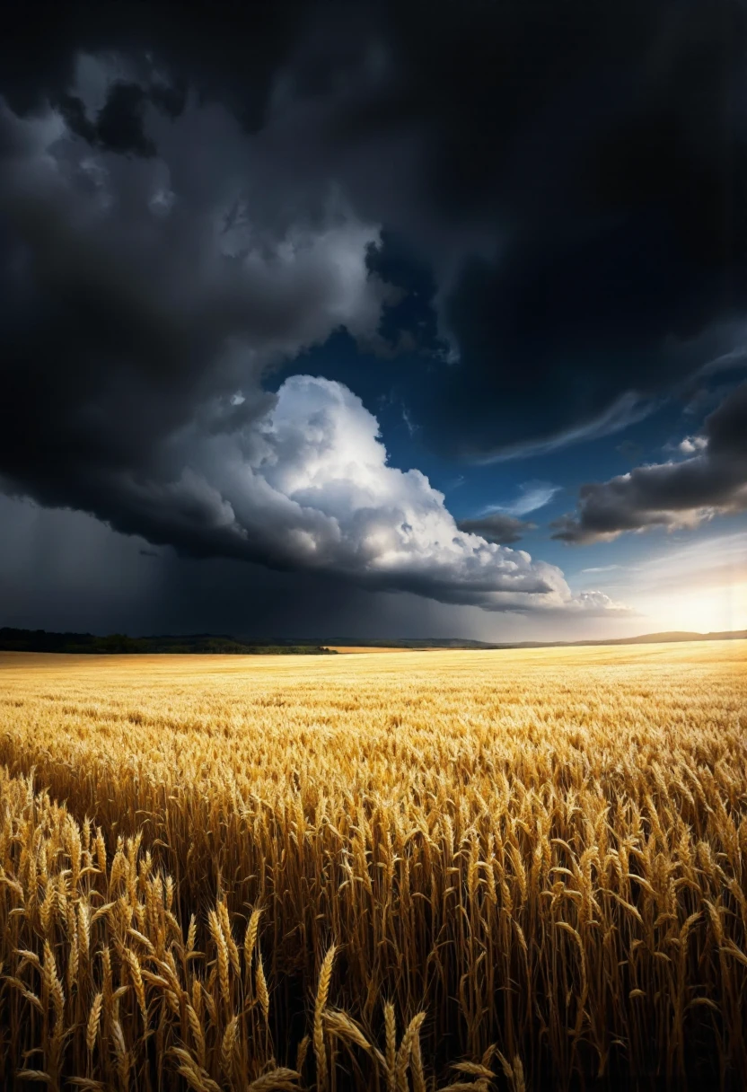 NyxBorne. A photo-realistic shoot from a far camera angle about a stormy sky over a vast field of golden wheat, with a dramatic cloud looming over the horizon. the image also shows a dark, ominous sky with dark clouds and a large, ominous cloud in the distance, illuminated by a bright light at the top right corner. on the foreground of the image, a field of ripe, golden wheat stalks stretches out to the horizon, creating a sense of depth and perspective. the field is illuminated by the light from the storm, casting a warm glow on the golden stalks, highlighting the texture of the wheat and the surrounding landscape. the overall mood is dramatic and moody, with the dark and stormy atmosphere adding to the sense of danger and intensity.
