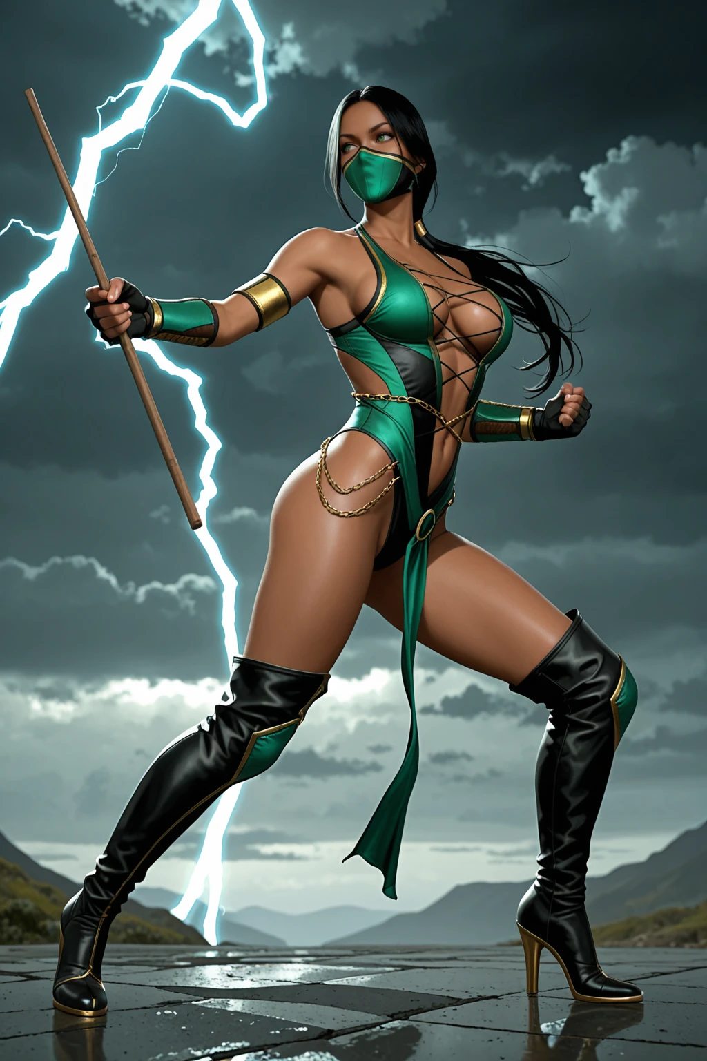 masterpiece, good quality, best quality, very awa, very as2, absurdres, highres
 <lora:Jade Mk9illuLora:1>Jde, dark-skinned female, low-tied Long hair, black hair, green eyes, mask, cleavage, cross-laced leotard, center opening, armlet, fingerless gloves, green vambraces, bracelet, navel, pelvic curtain, body chain, belly chain, knee boots, high heels, holding stick, dark sky, cloudy, lightning, fighting stance,